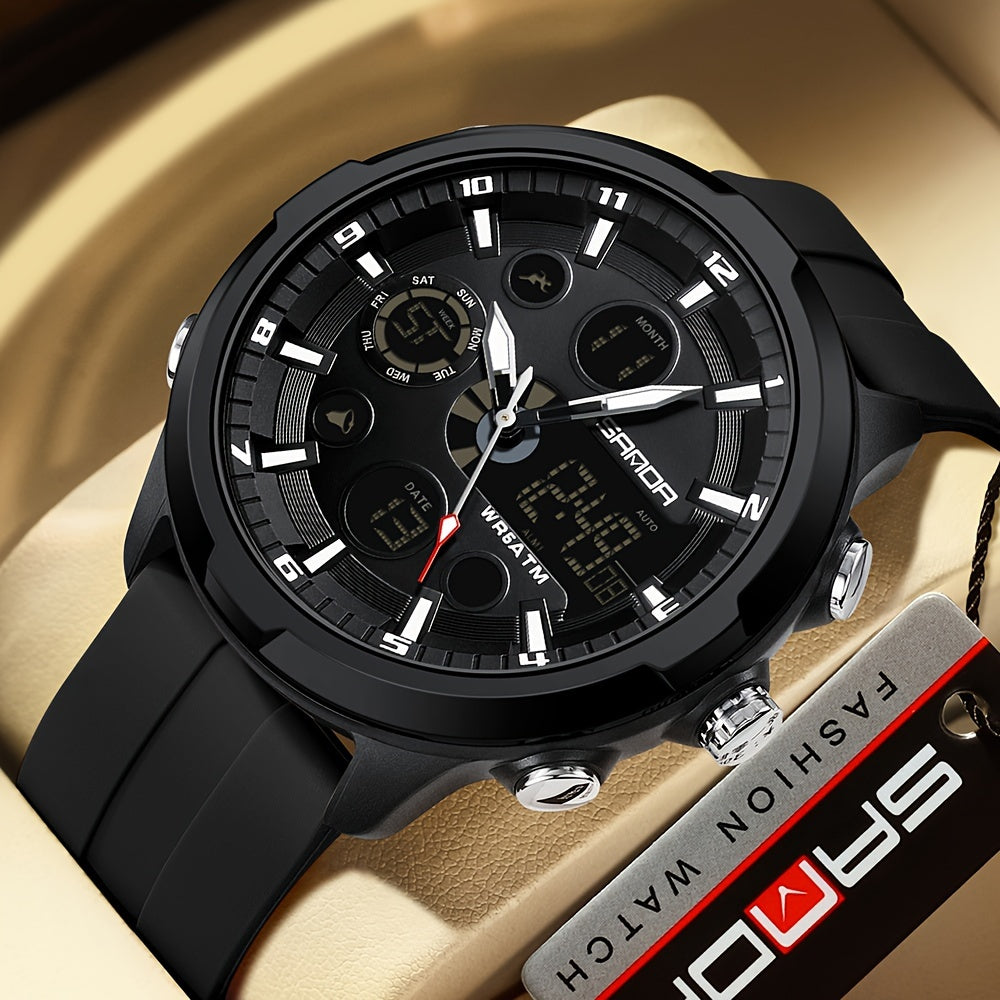 Men's Sports Watch Quartz Chronograph Water-Resistant 5ATM with Date Display and Silicone Strap