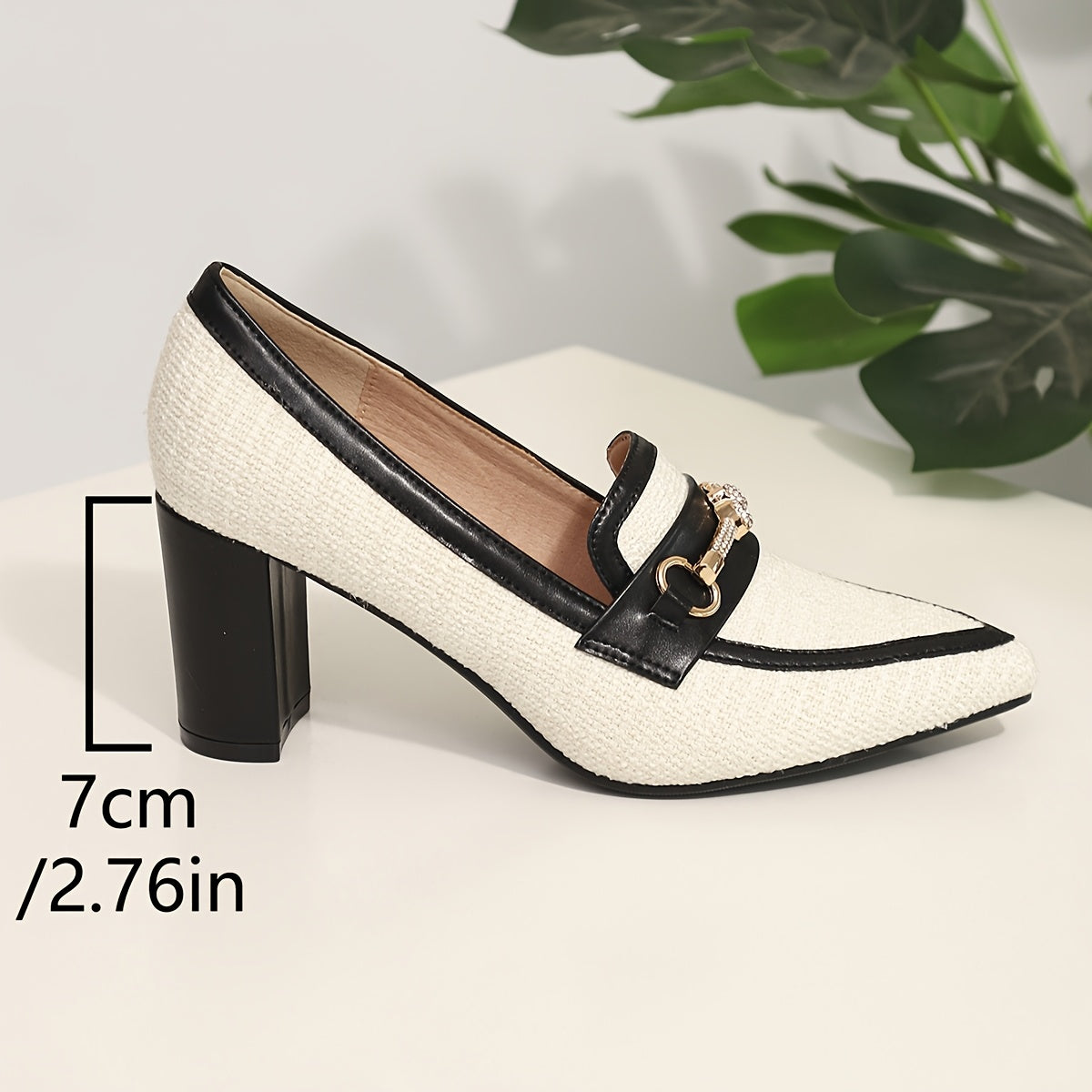 Women's White Black Mary Jane Pumps with Chunky Heel and Gold Chain Strap