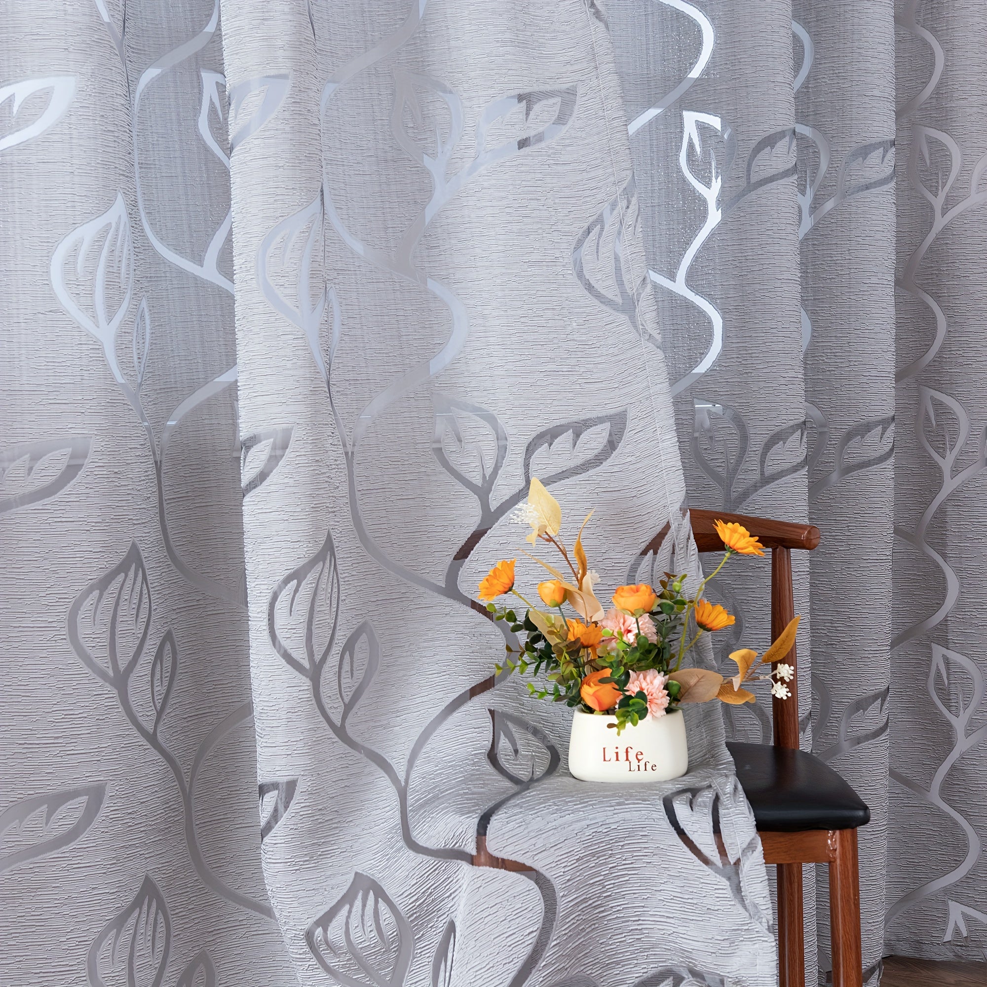 Gray Floral Sheer Curtain with Rod Pocket for Living Room and Bedroom