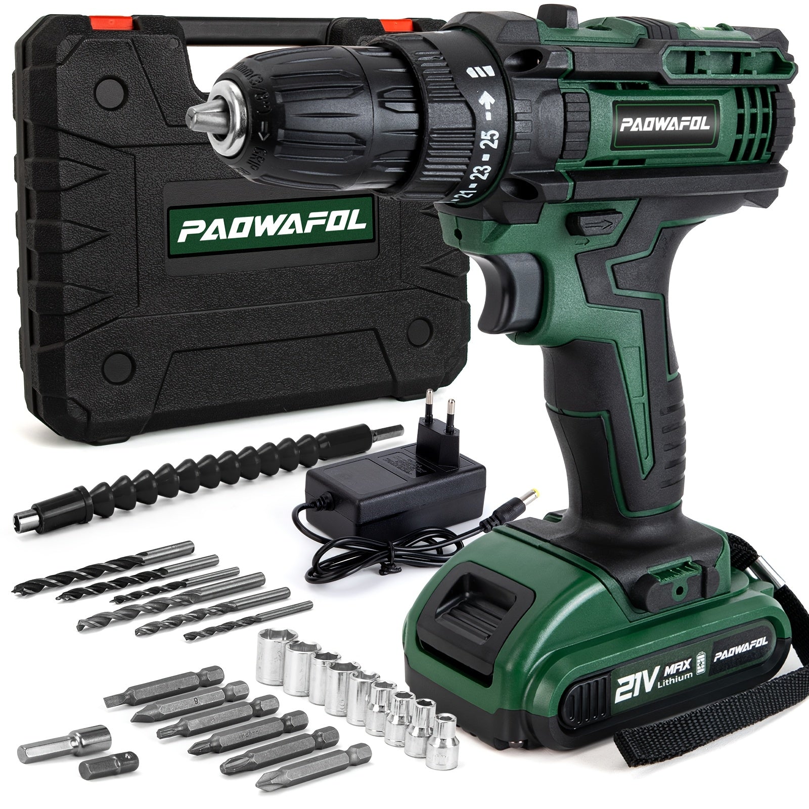 21V Cordless Drill with Rechargeable Lithium-Ion Battery 2-Speed 25+1 Torque LED Light for DIY Home Garden