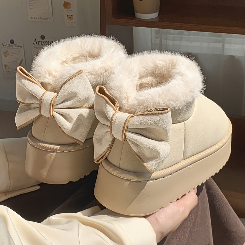 Women's Fleece-Lined Platform Slippers with Bow Indoor Shoes, EVA Sole
