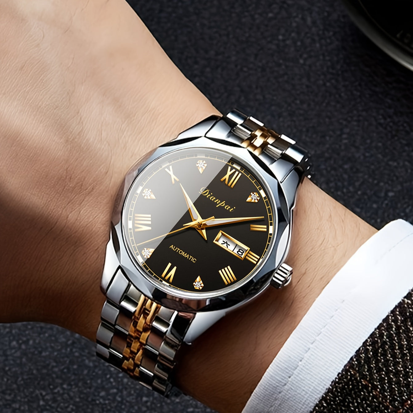 Men's Luxury Automatic Mechanical Watch with Luminous Calendar Stainless Steel Business Style Rhinestone Accents