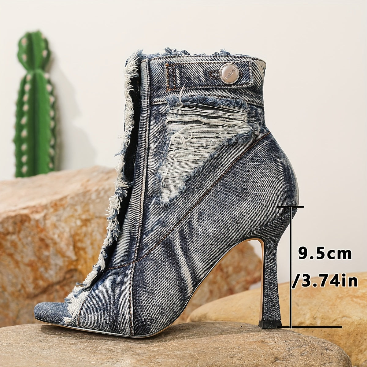 Women Retro Square Toe Western Style Blue High Heels Ankle Shoes