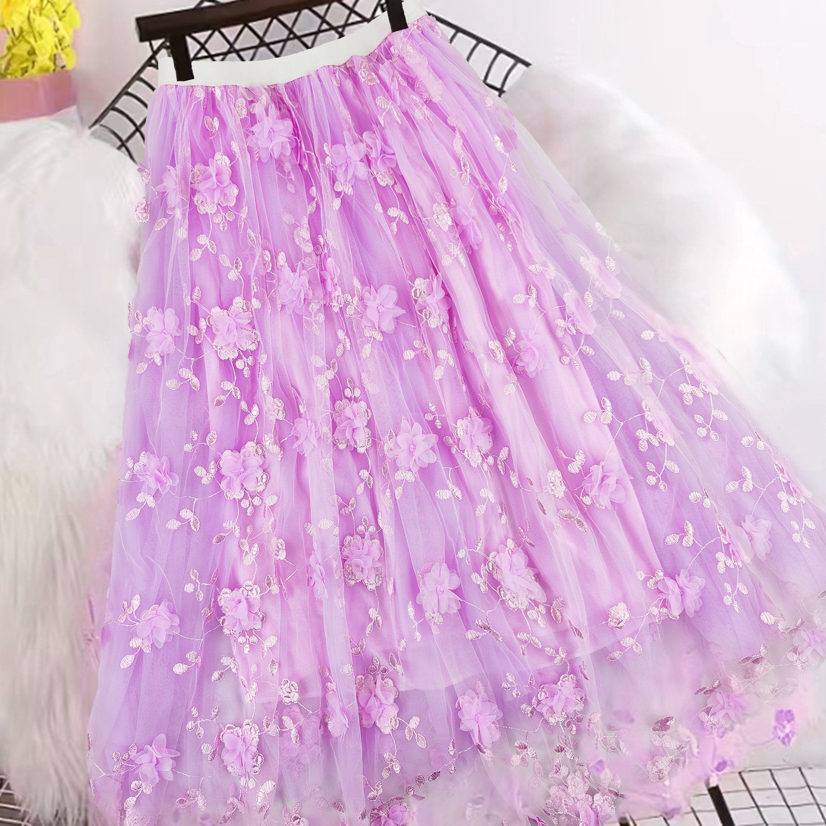 Women's High-Waist A-Line Midi Skirt with Tulle and Floral Embroidery Black Spring Summer Polyester