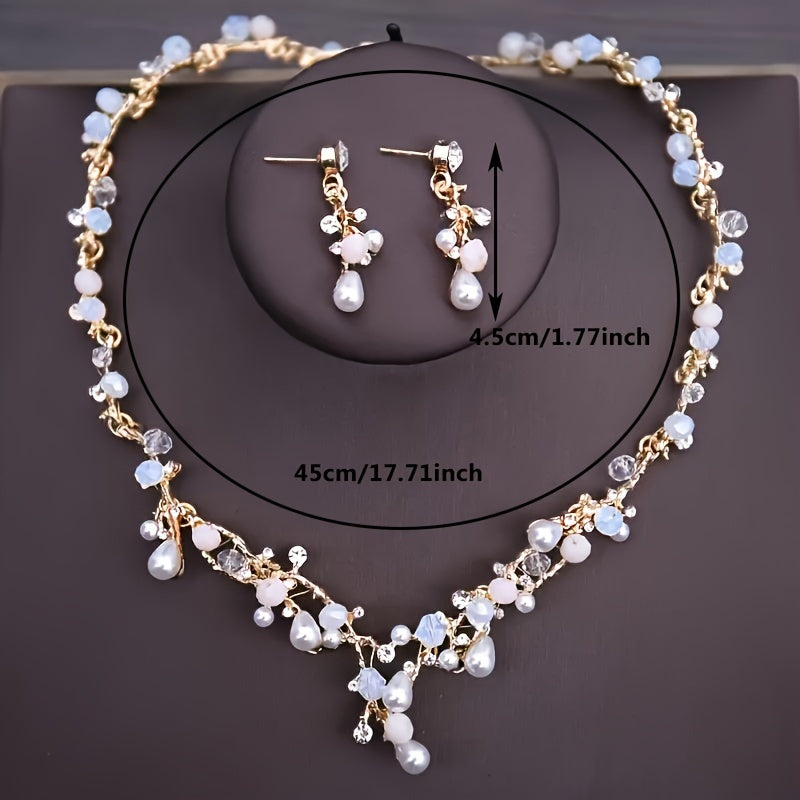 Conjunto de joyería nupcial con cuentas de cristal, perlas falsas, diseño de mariposa, collar de piedras de fantasía, pendientes y tiara