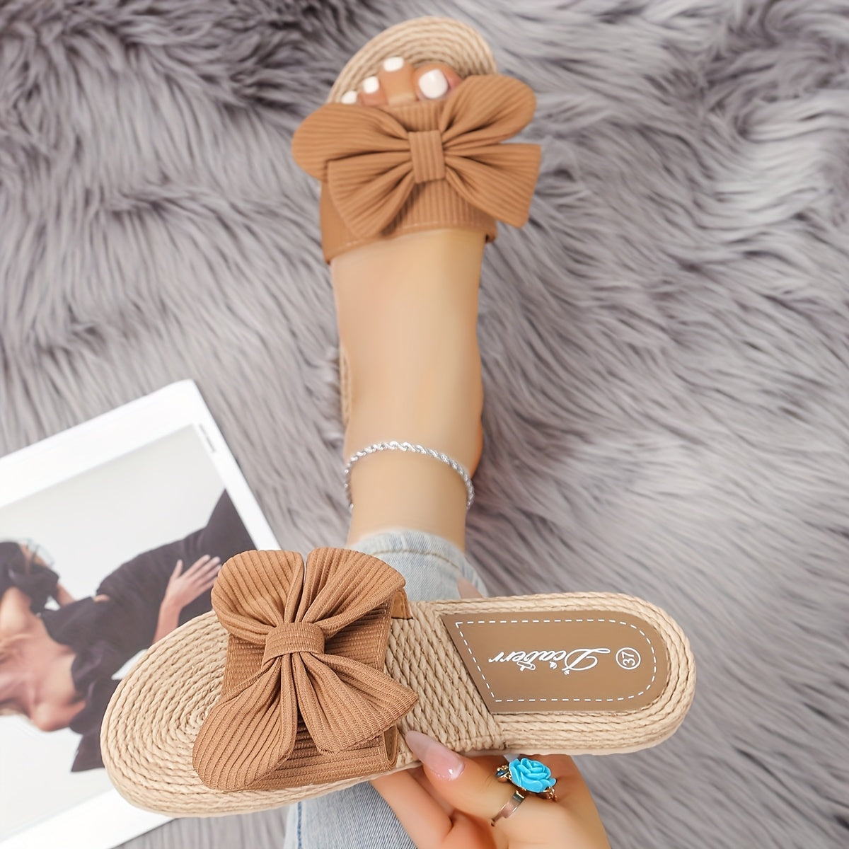 Women's Brown Bow Flat Sandals Open Toe Slip-On EVA Sole Casual