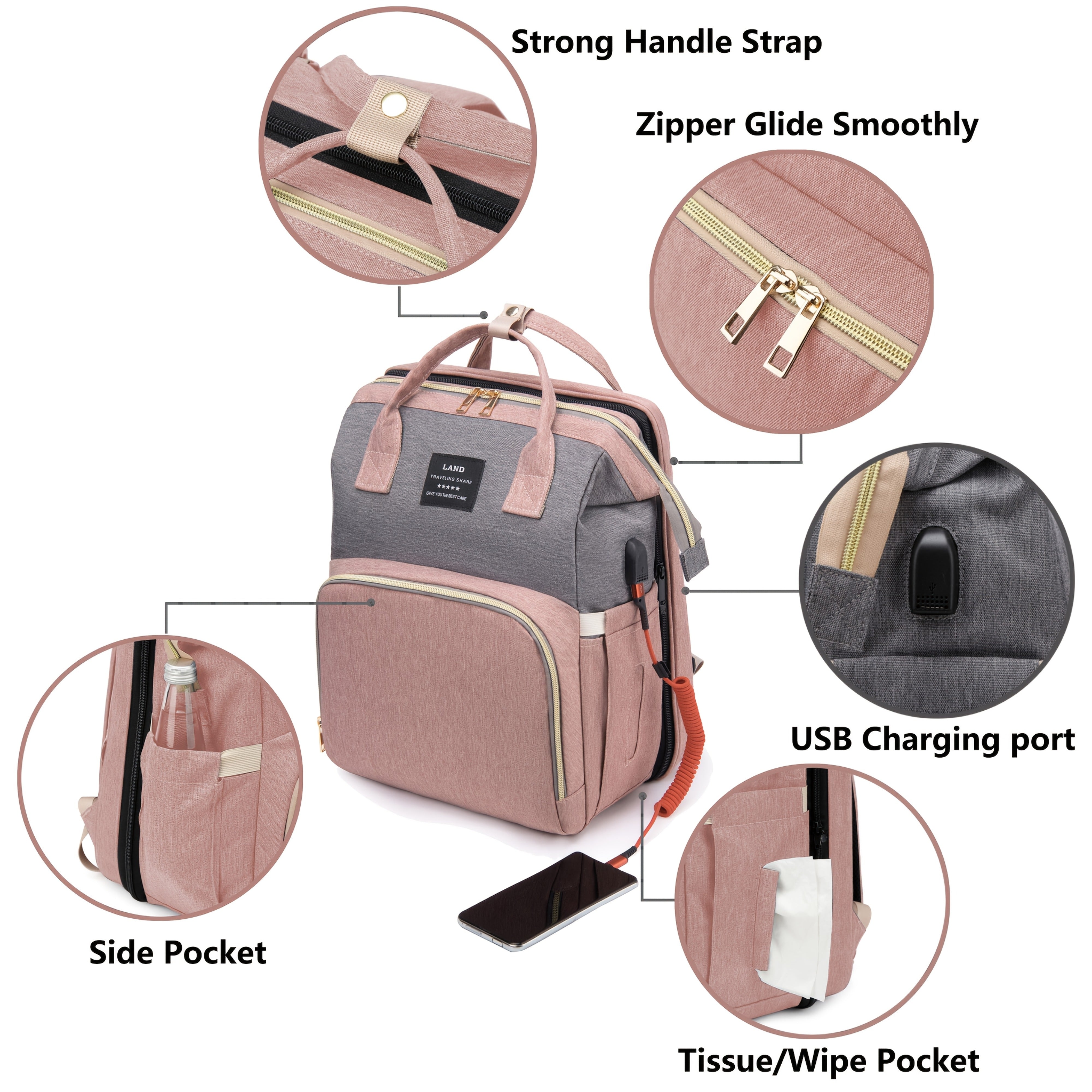 Multifunctional Diaper Backpack with Changing Station Mirror Compartments Striped Pattern