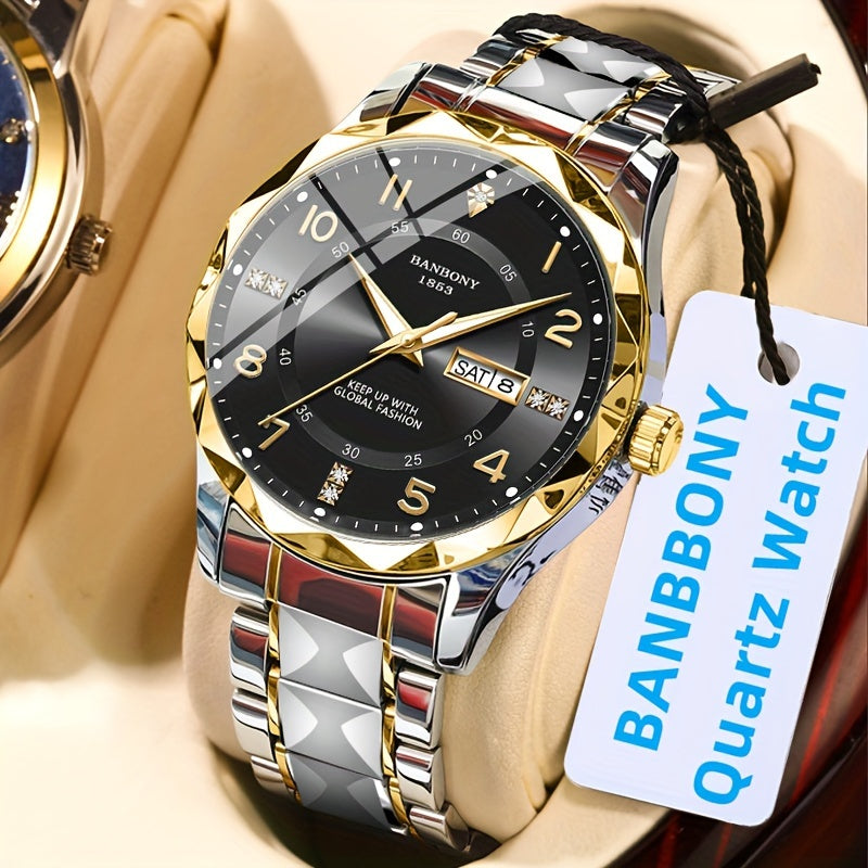 Men's Stainless Steel Quartz Watch with Roman Numeral Dial and Date Calendar