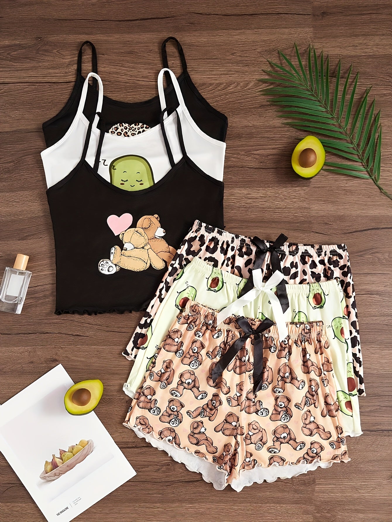 Women's Bear Print Pajama Set with Cami Top Shorts Bow Detail Polyester Blend