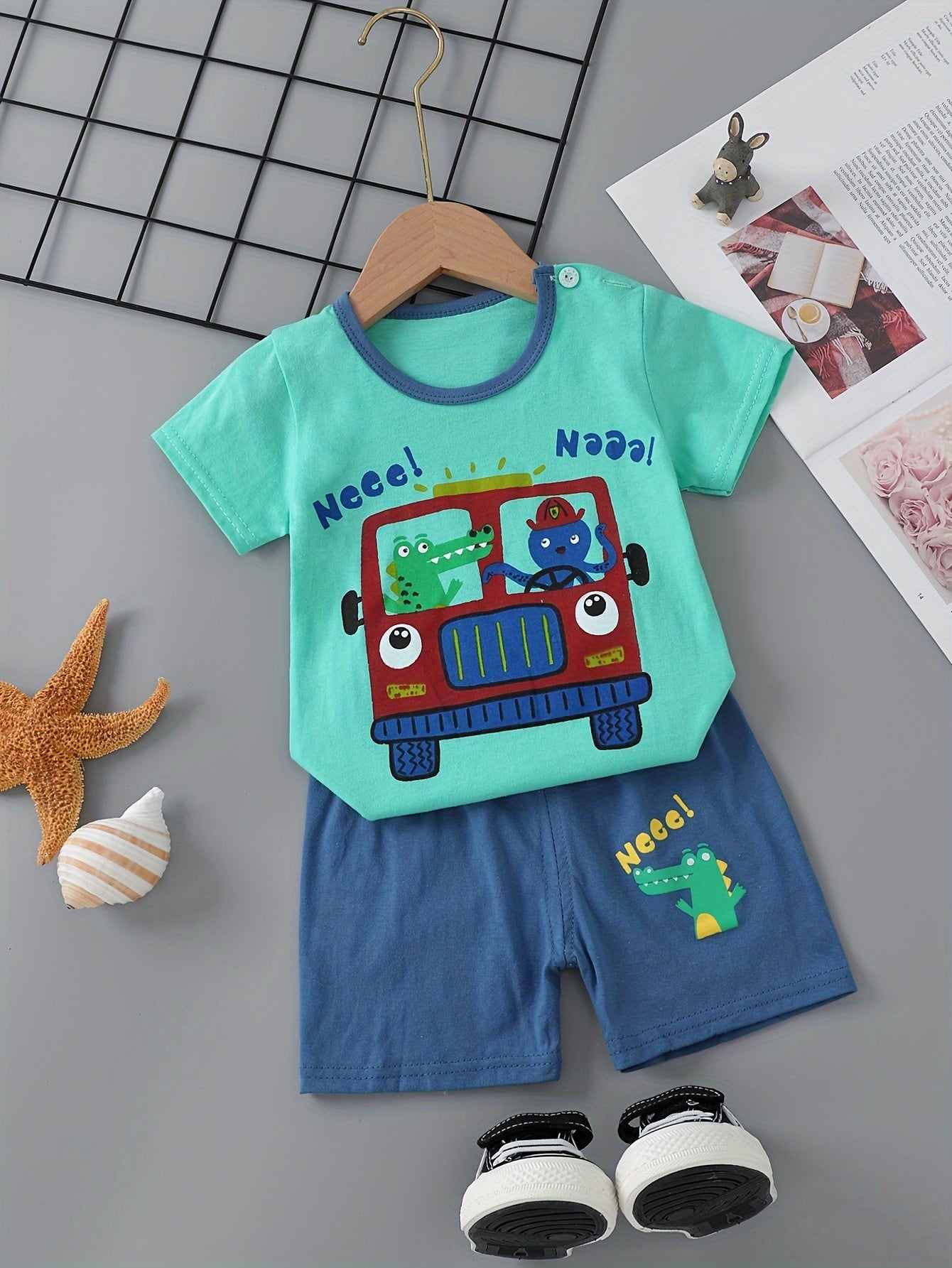 Kids' Cotton Shorts Set with Animal and Car Prints, Breathable Casual Summer Clothing