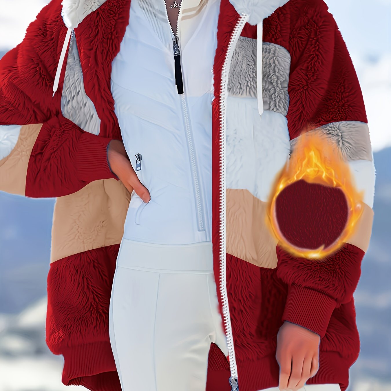 Jilovli cho'tka bilan to'q sariq va kulrang chiziqli ayollar uchun mo'ynali xuddi, cho'ntaklari bilan, iliq va qulay qish uslubi uchun yumshoq polyesterdan tayyorlangan.