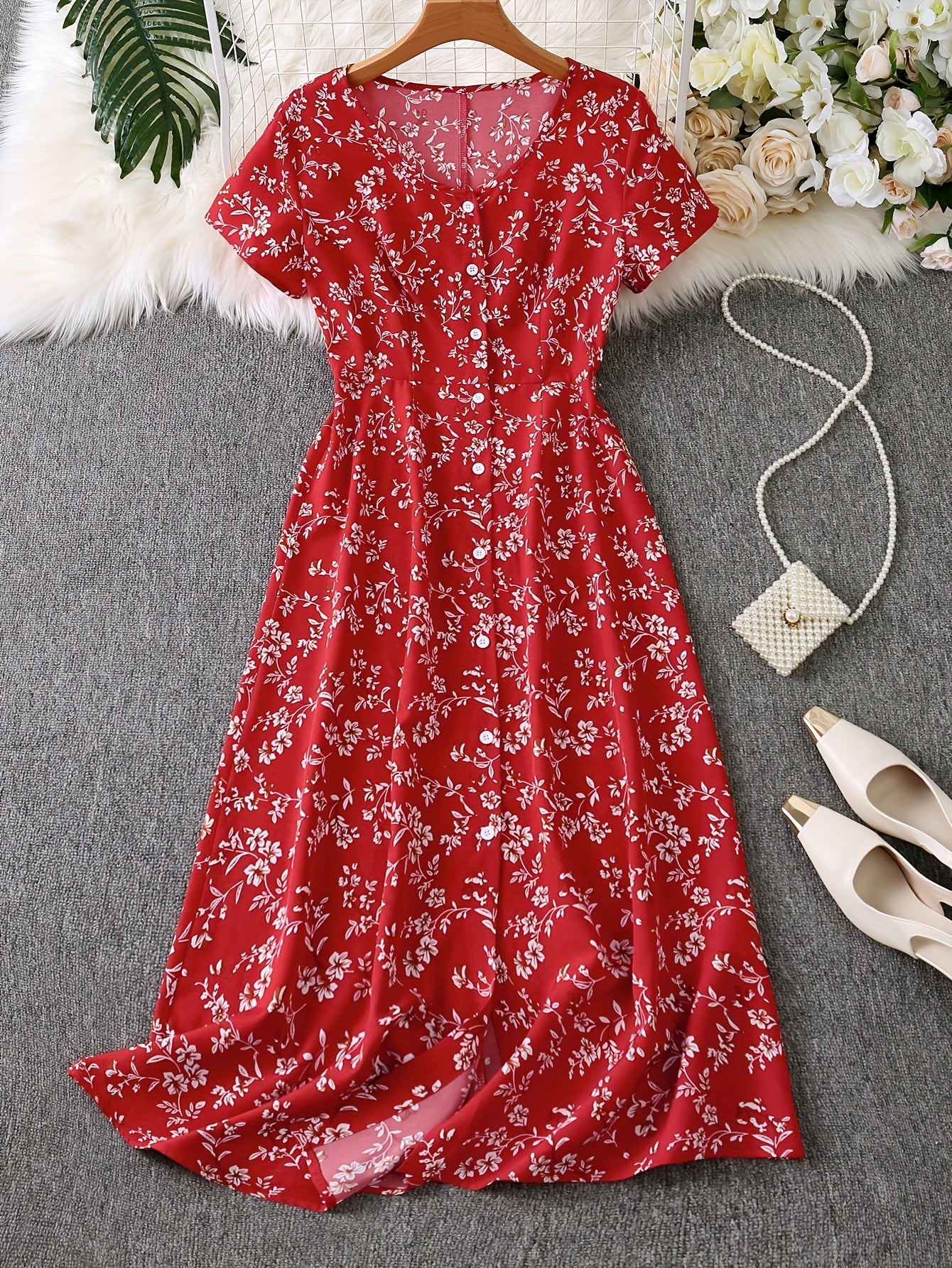 Women's Floral Print Woven Button-Up Dress for Vacation