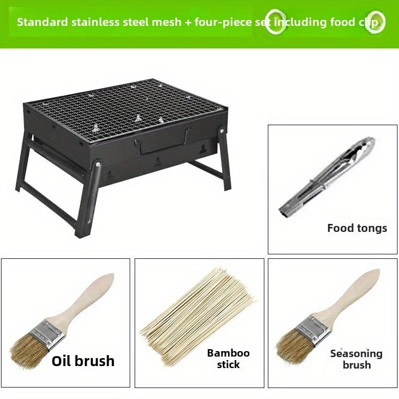 Chiqish uchun yig'iladigan kulrang BBQ grill, chizilgan dizayni bilan.