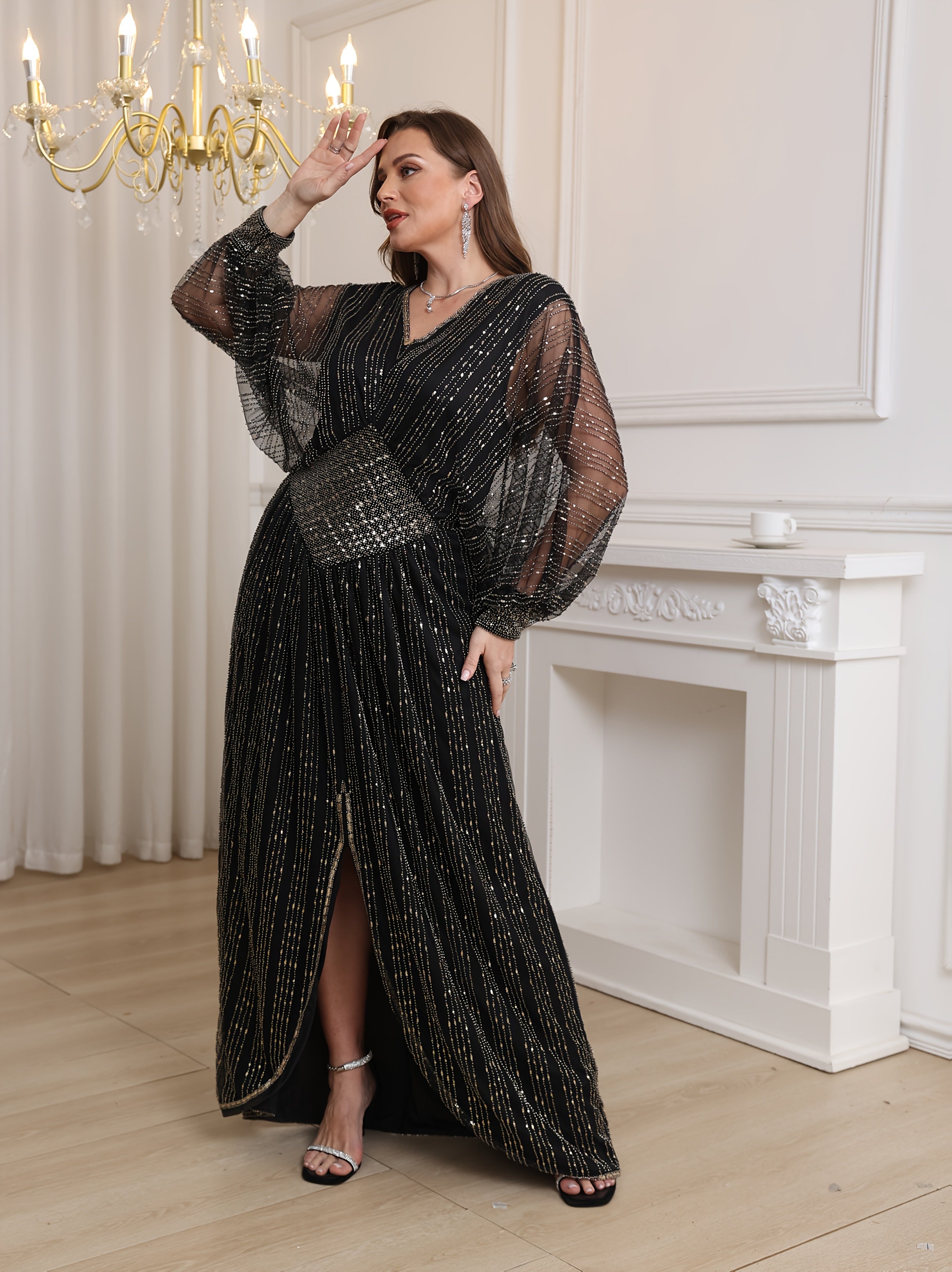 Women's Beaded Sequin V-Neck Batwing Sleeve Midi Dress Formal Party Wear