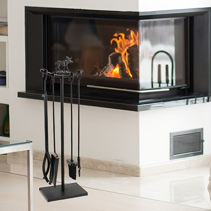 5-Piece Fireplace Tool Set with Brush Poker Shovel and Firewood Rack Indoor Outdoor