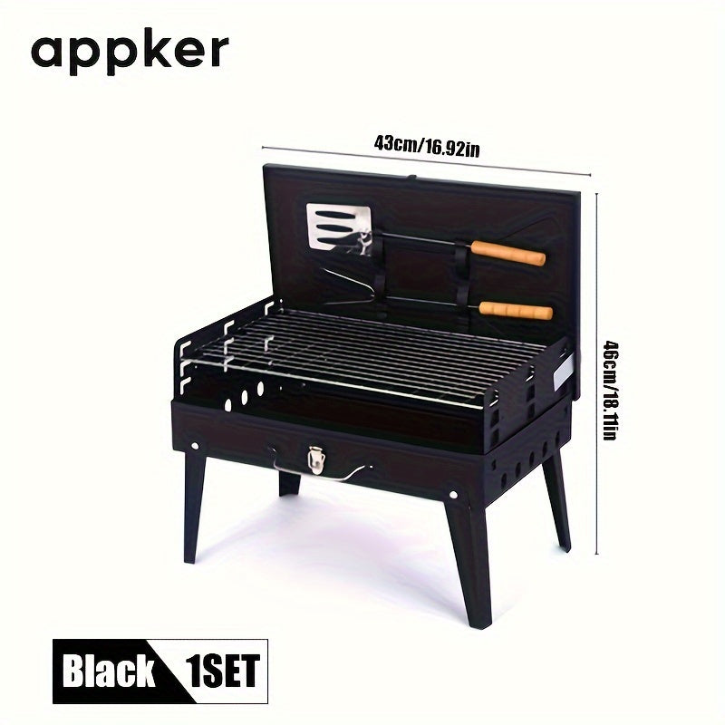 Portable Charcoal BBQ Grill Set with Foldable Cast Iron Design and Windproof Lid