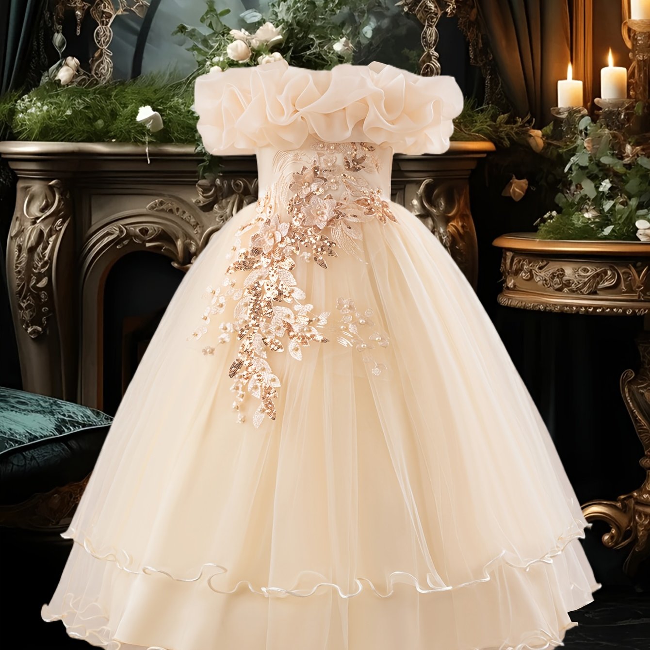 Girls' Long Embroidered Off-Shoulder Princess Dress with Pearl Tassels for Weddings and Parties
