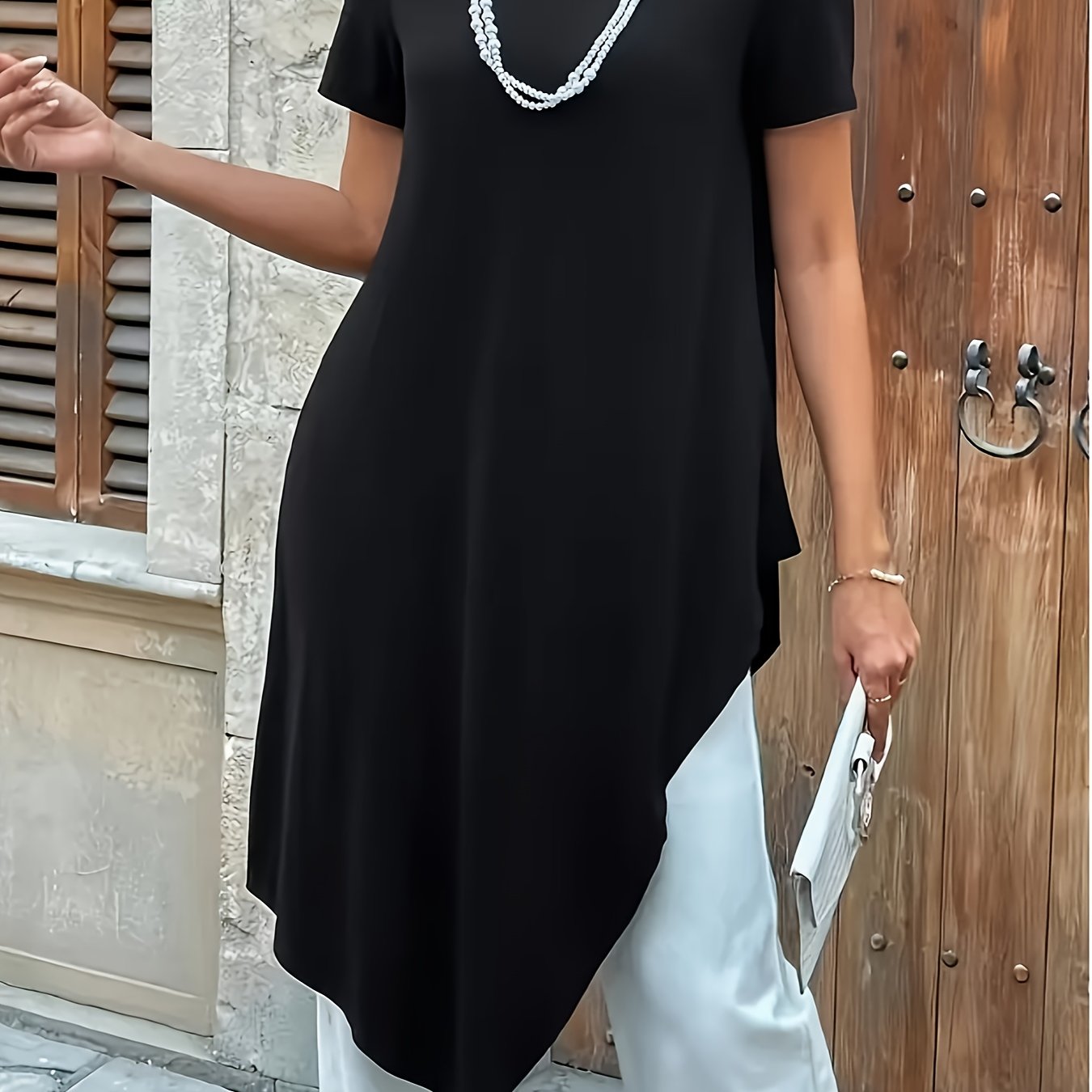 Plus Size Women's Summer Casual Longline T-Shirt Black Short Sleeve Breathable