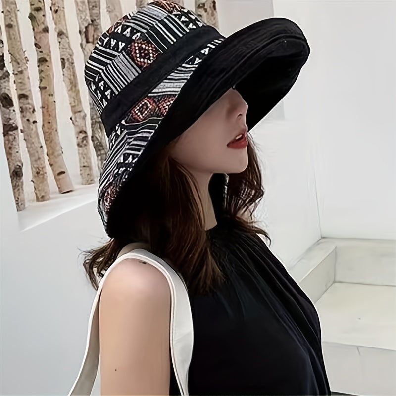 Women's Reversible Wide Brim Cotton Bucket Hat UV Protection Geometric Pattern Dark Blue