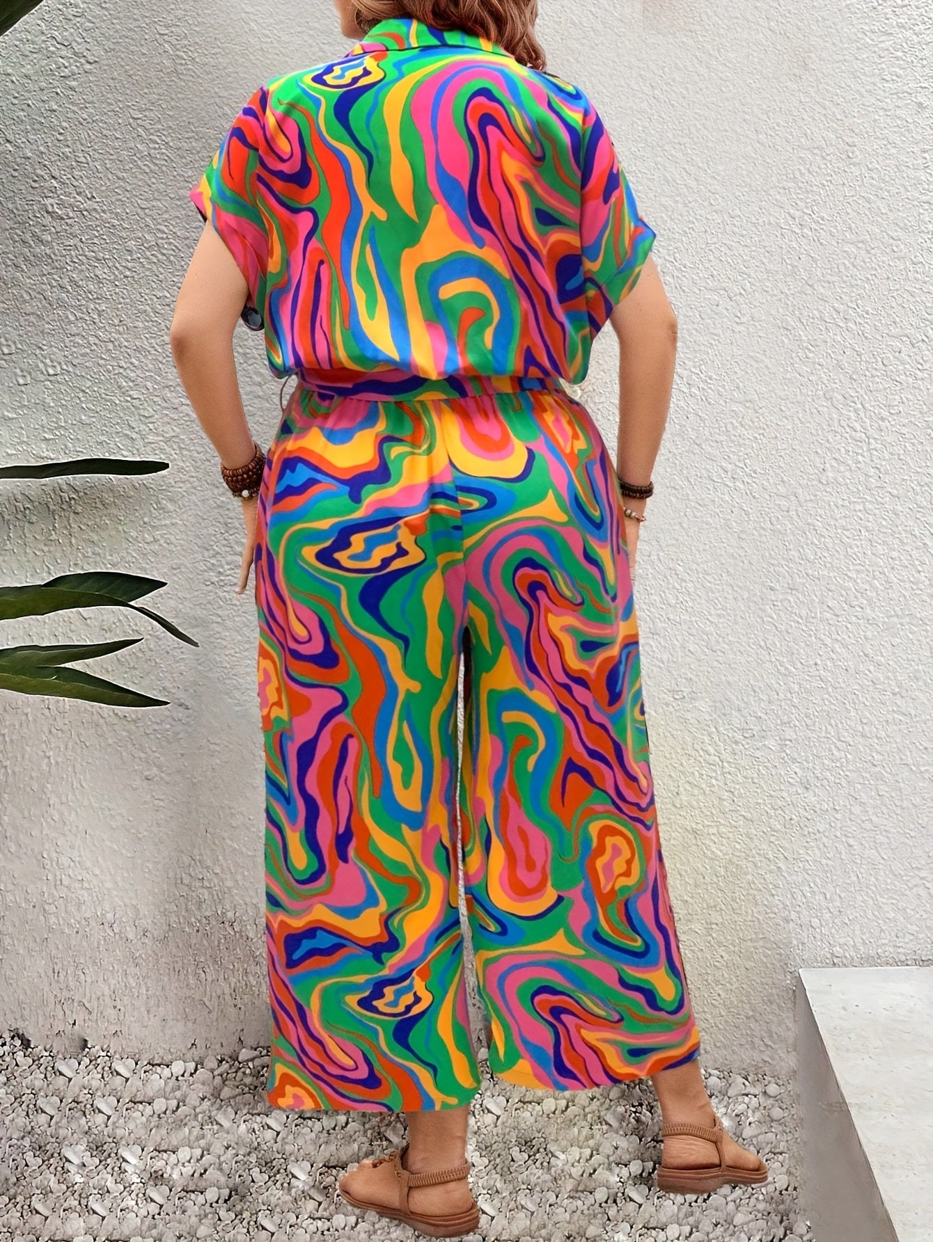 Plus Size Women's Geometric Print Jumpsuit with Adjustable Waist