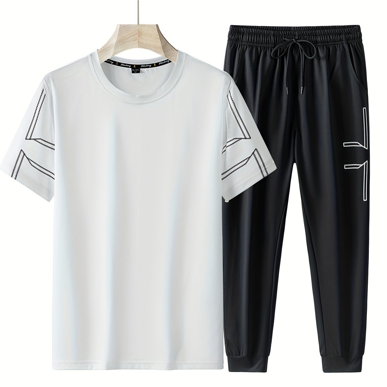 Men's Casual Outfit Geometric Line Pattern T-Shirt and Drawstring Jogger Pants