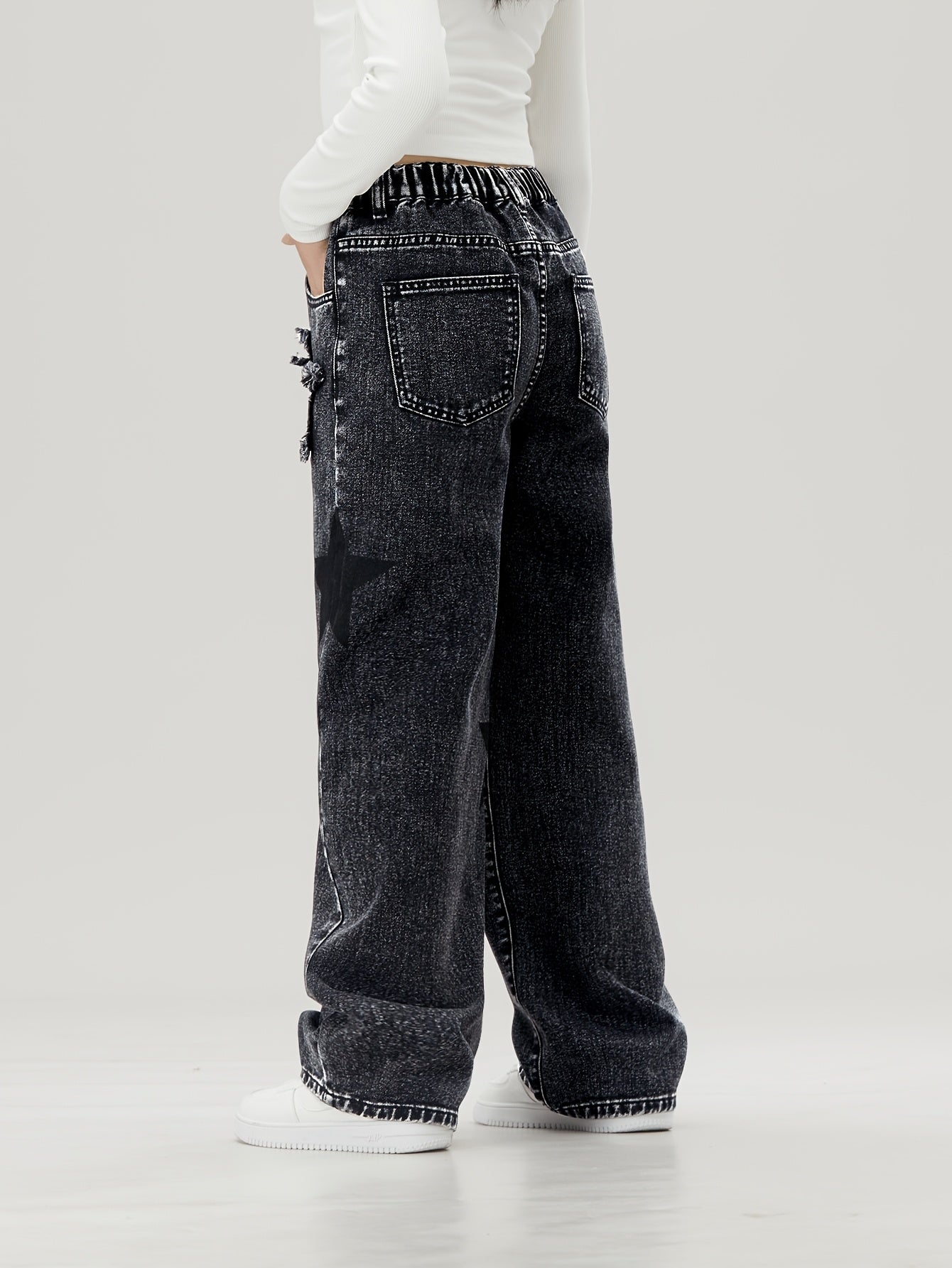 Kids' Wide-Leg Denim Jeans with Star Pattern Elastic Waist Non-Stretch Cotton