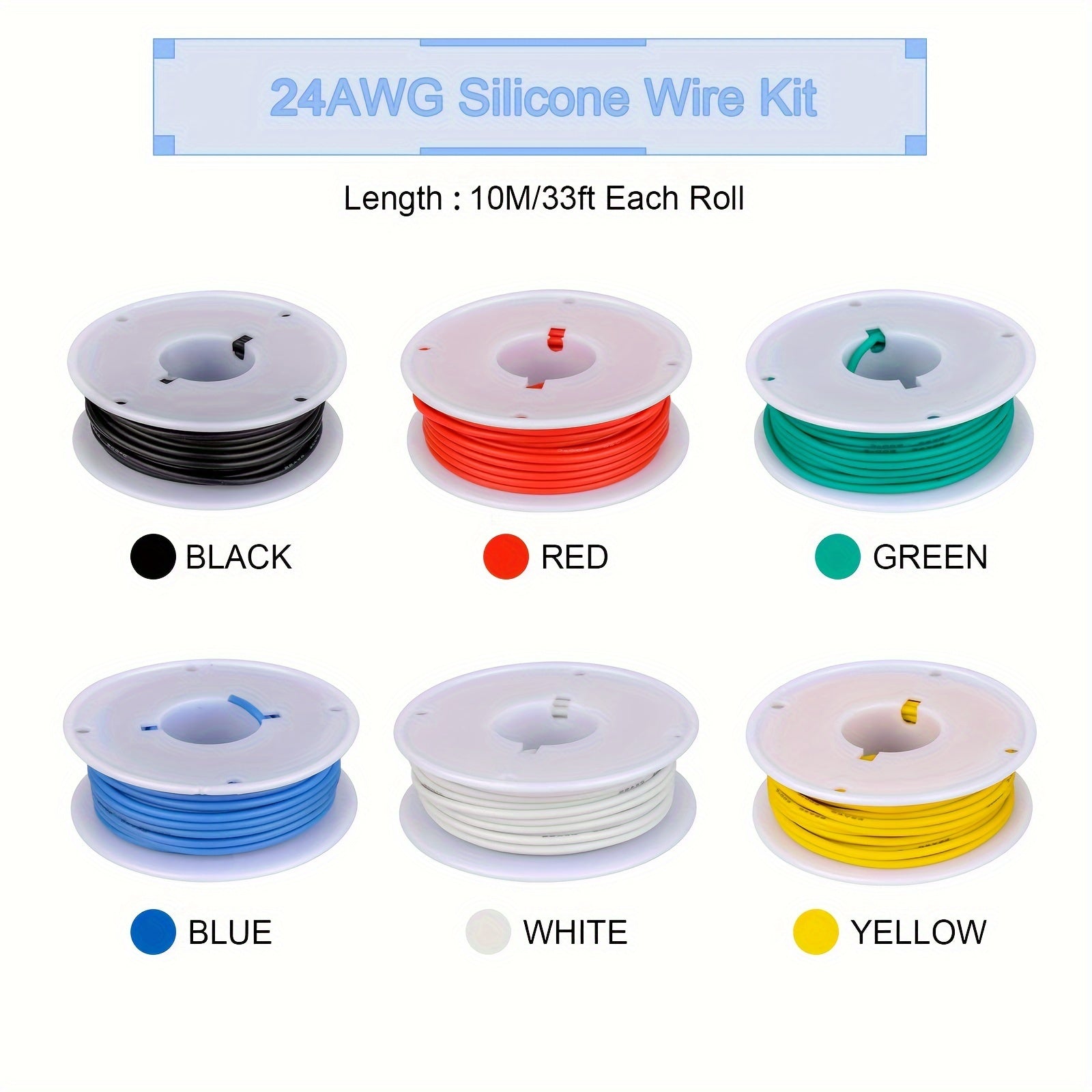 6pcs 22AWG Silicone Wire Kit Heat Resistant Tinned Copper 10.06m Flexible Insulated