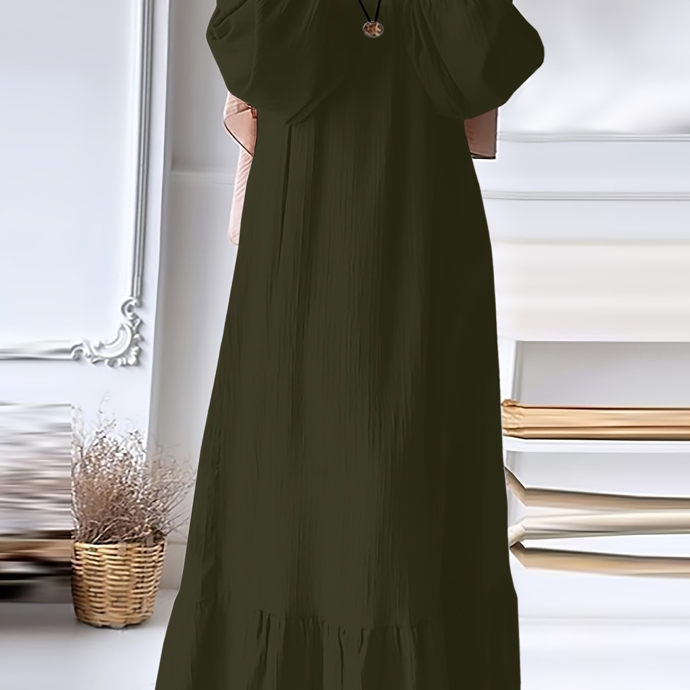 Green Vintage-Inspired Ruffle Hem Dress with Stretch Polyester for Spring and Fall