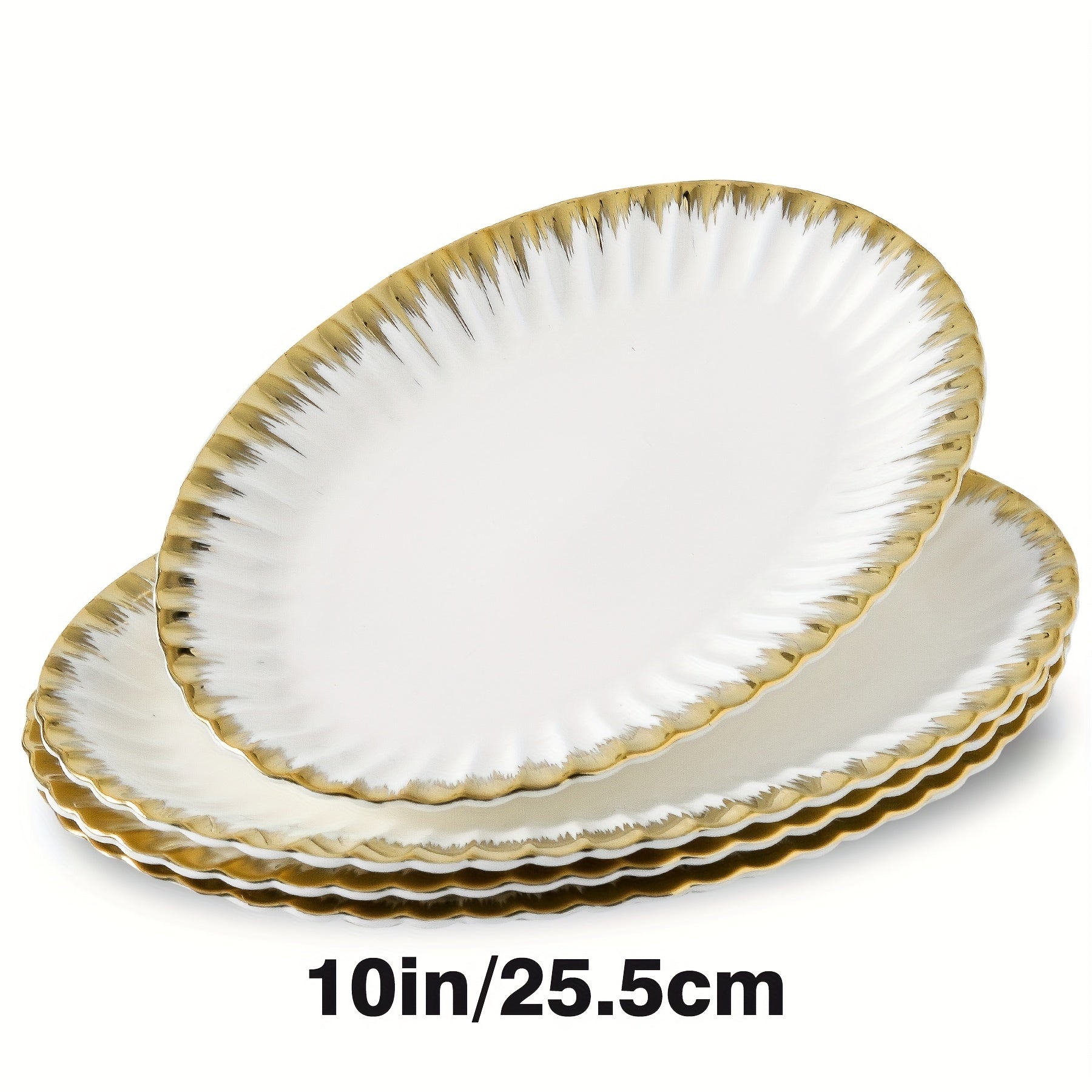 Set of 4 Ceramic Dinner Plates with Gold Rim for Pasta Salads and Desserts Dishwasher Safe Home and Restaurant Use