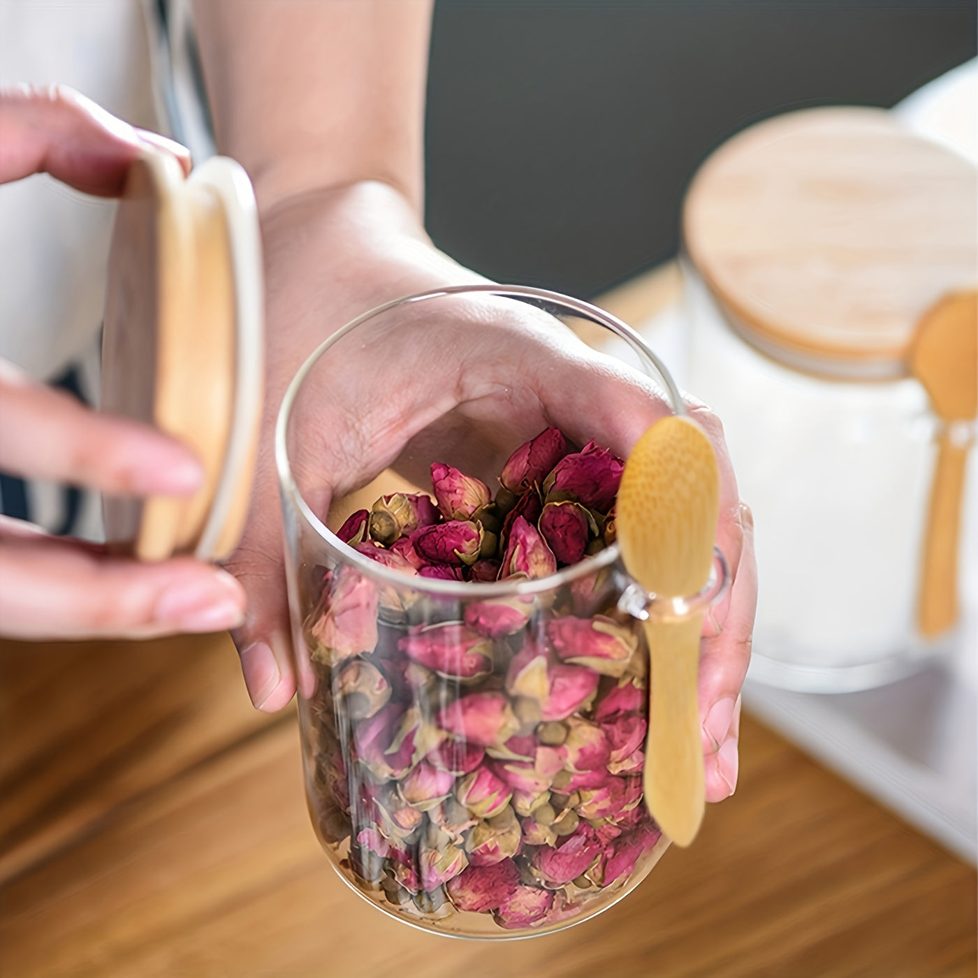Glass Storage Containers with Airtight Bamboo Lids and Spoon for Kitchen Pantry