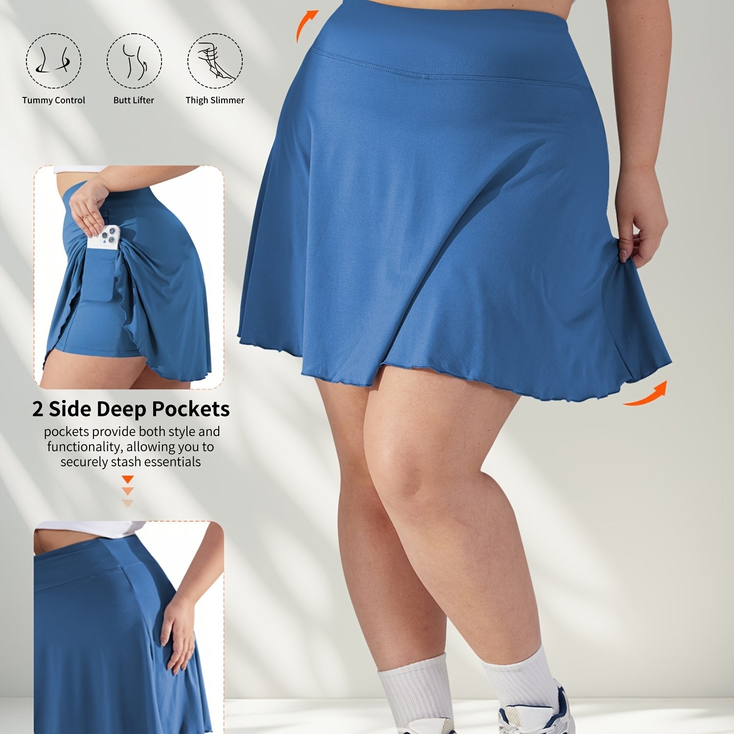 Plus Size Women's Tennis Skirt with Pockets, Green, High Stretch, Athletic Fit