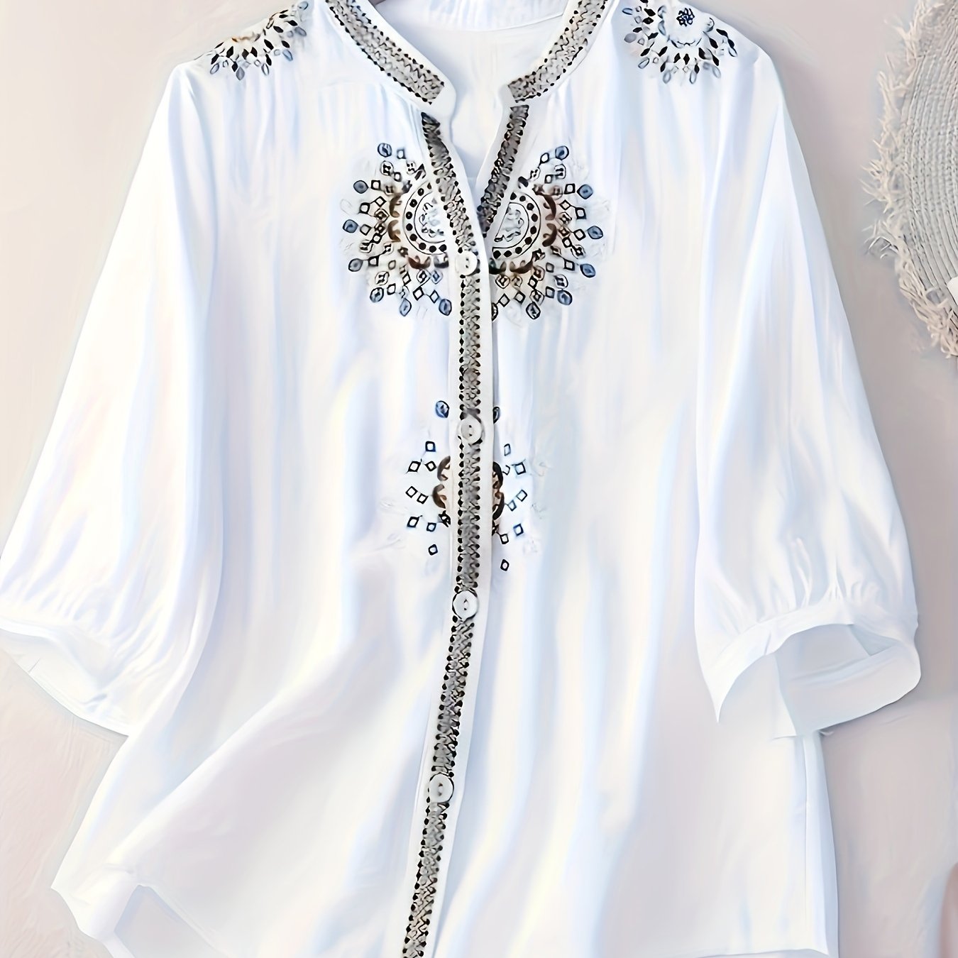 Women's Embroidered Short Sleeve Blouse Breathable Polyester Semi-Sheer Stand Collar