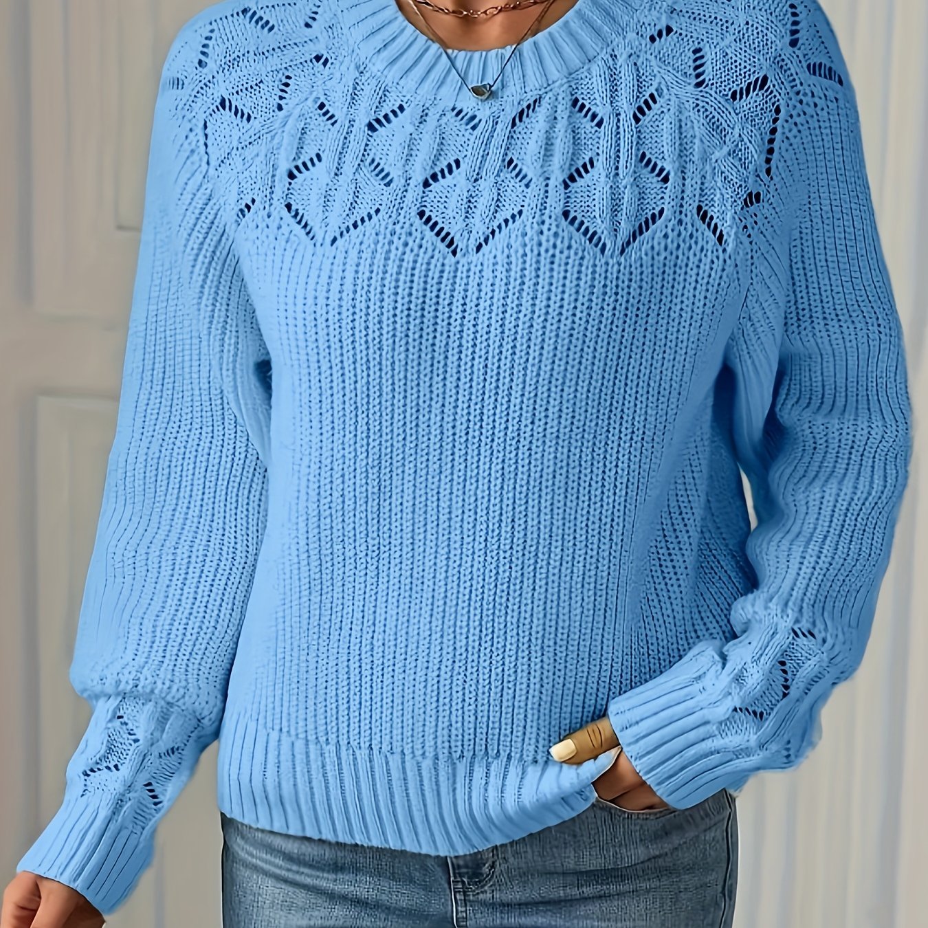 Ayollar uchun trikotaj kofta, uzun qoʻl, Raglan bo‘shliq, elastik, ochiq naqsh