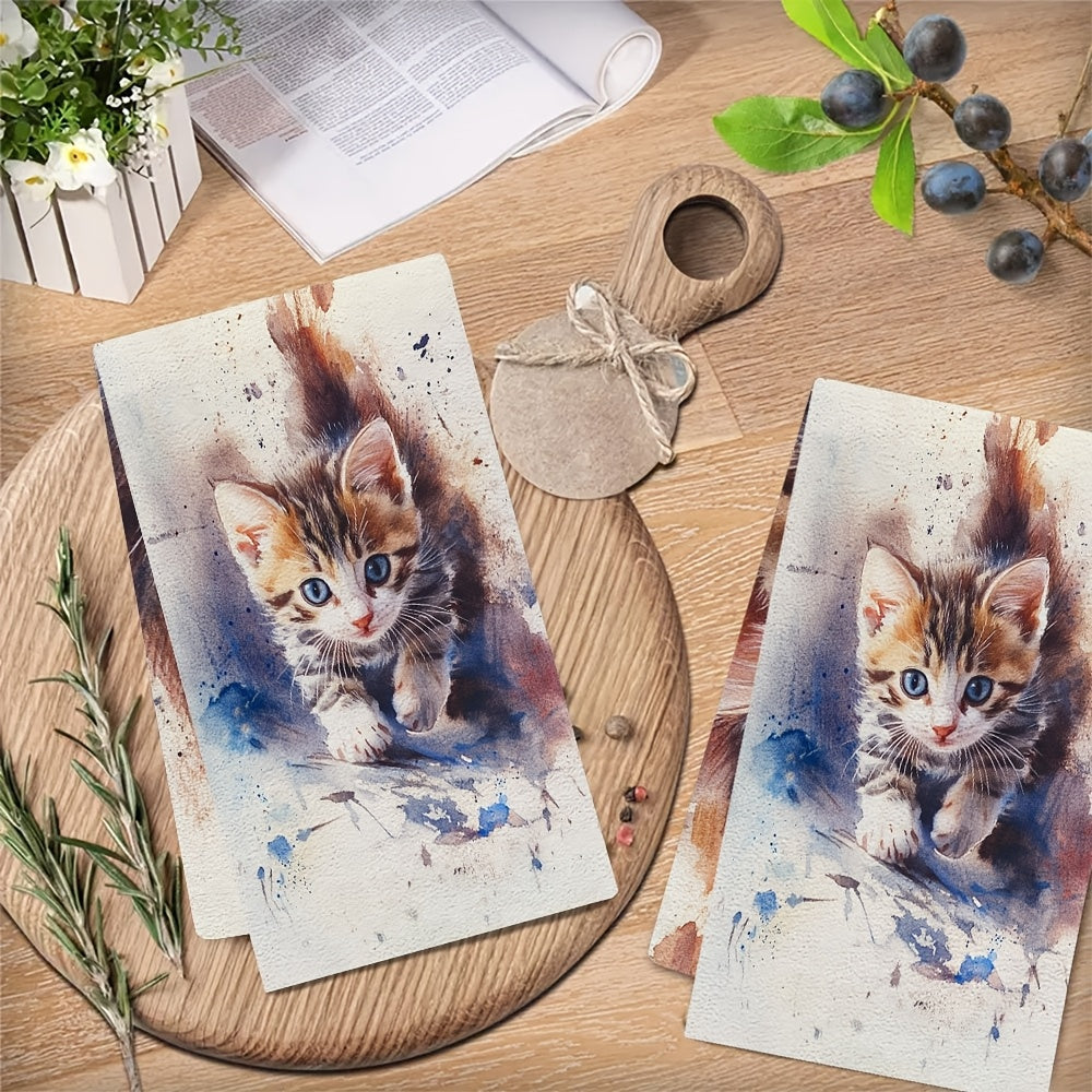 Ikkita juda yumshoq oshxona sochiqlari, "Gentle Meow" mushuk dizayni bilan. Ushbu sochiqlar juda suyuqlikni o'zlashtiradi, mashinada yuvilishi mumkin va zamonaviy akvarel san'ati uslubida. O'lchamlari 40.64x60.96 sm, bayramlar uchun juda mos keladi.