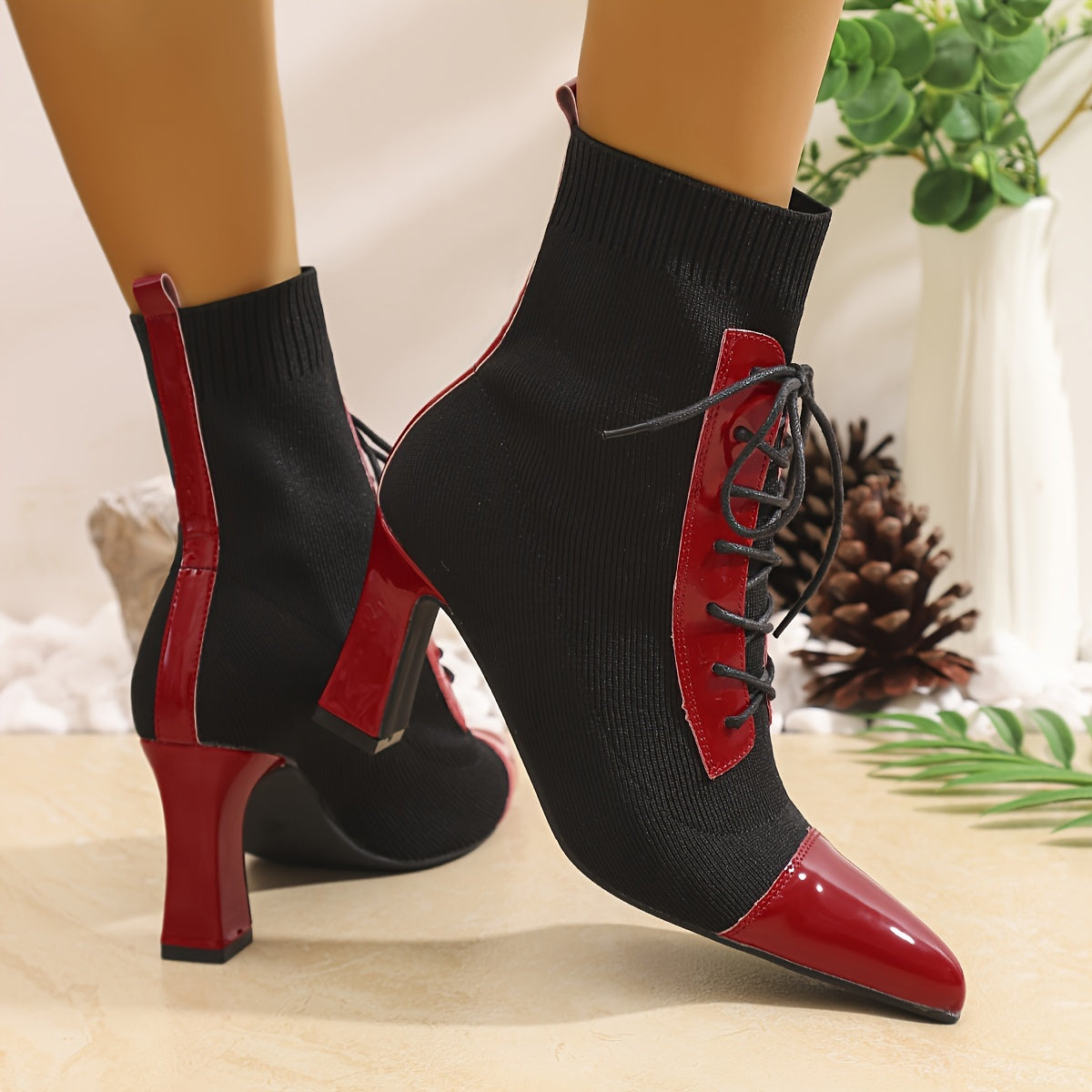 Women's Black and Red Pointed Short Boots Thick Heels Outdoor Shoes