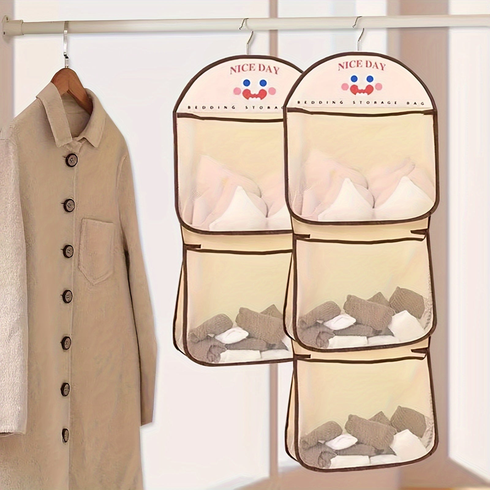 Panda Themed Nylon Hanging Storage Organizer for Underwear Socks with Multiple Compartments