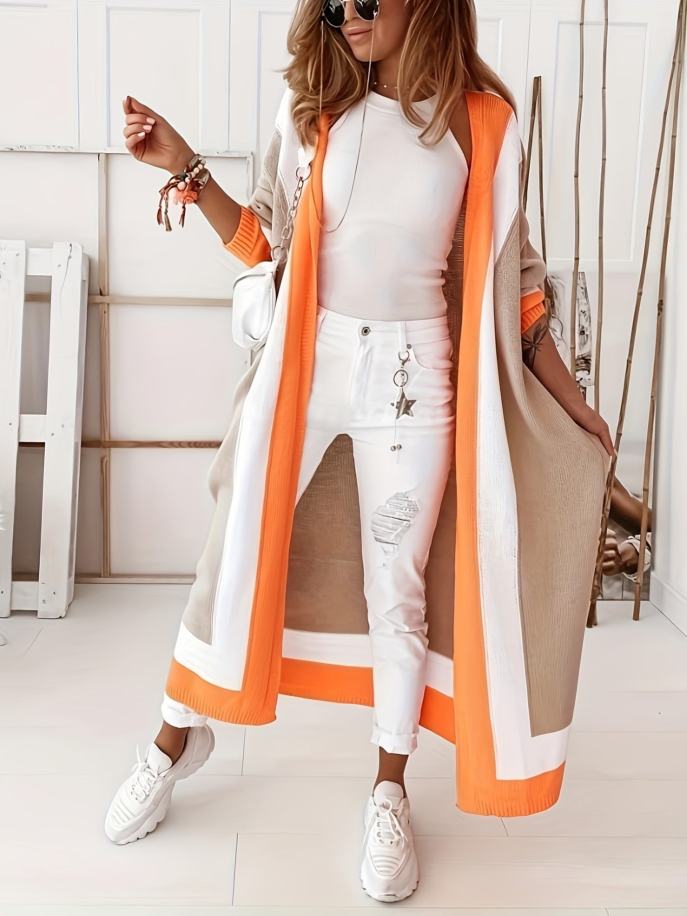 Plus Size Color Block Open Front Cardigan Long Sleeve Spring Fall Women's Clothing