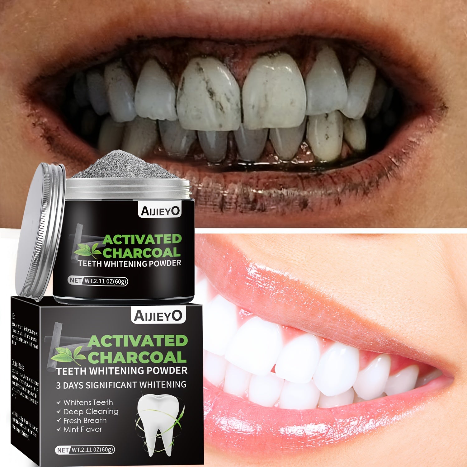 Charcoal Teeth Whitening Powder with Mint Flavor Brightens Smile Freshens Breath Natural Gums