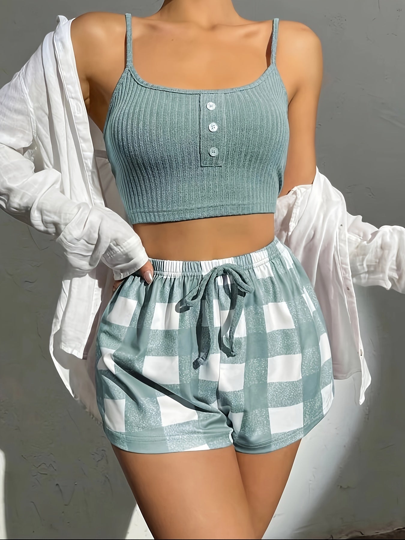 Adult Plaid Polyester Lingerie Set with Button-Up Bra and Shorts