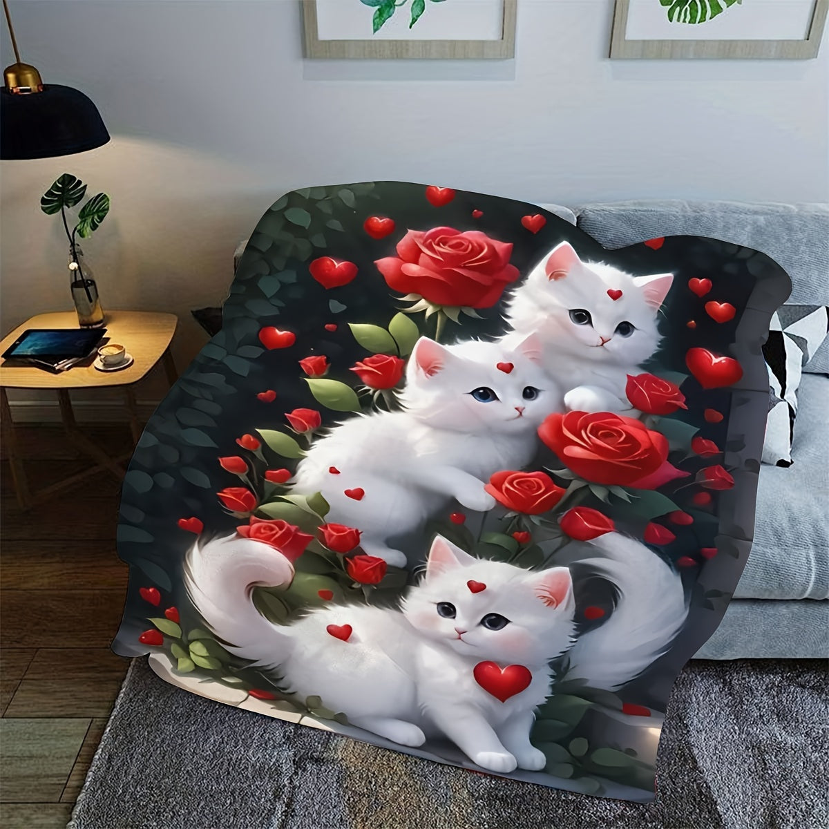 Rose Cat Flannel Throw Blanket Soft Polyester All-Season Cozy Couch Car Office Picnic Camping