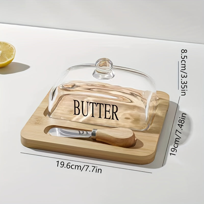Glass Cover Box with Knife for Cheese Butter Sandwich Cake Dessert