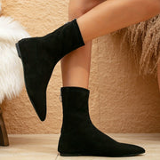 Women's Black Mid-Calf Boots Cozy Cover Pointed Toe Zipper Flat Heel