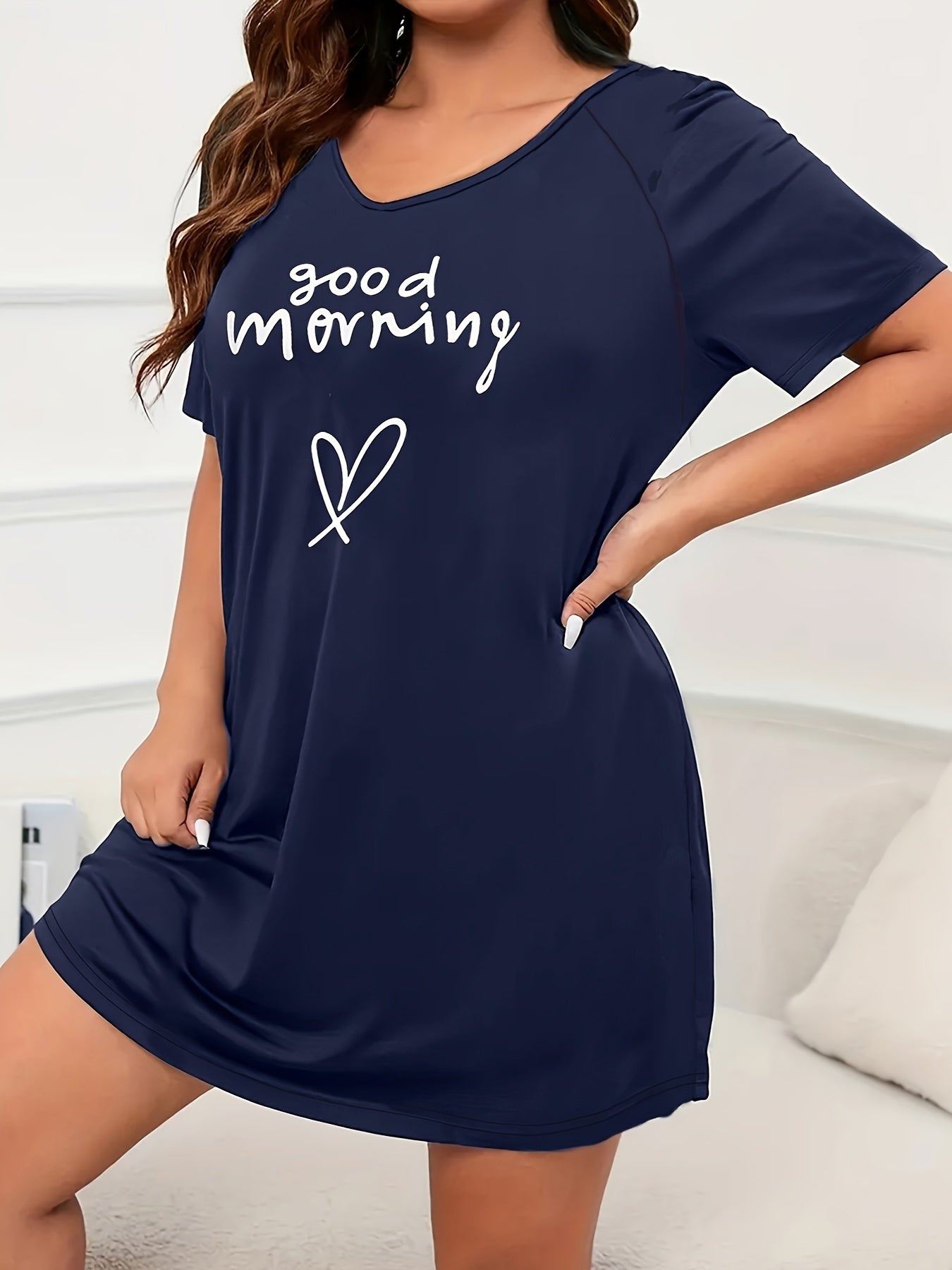 Plus Size Navy Blue Short Sleeve Sleep Dress Lounge Nightgown All-Season