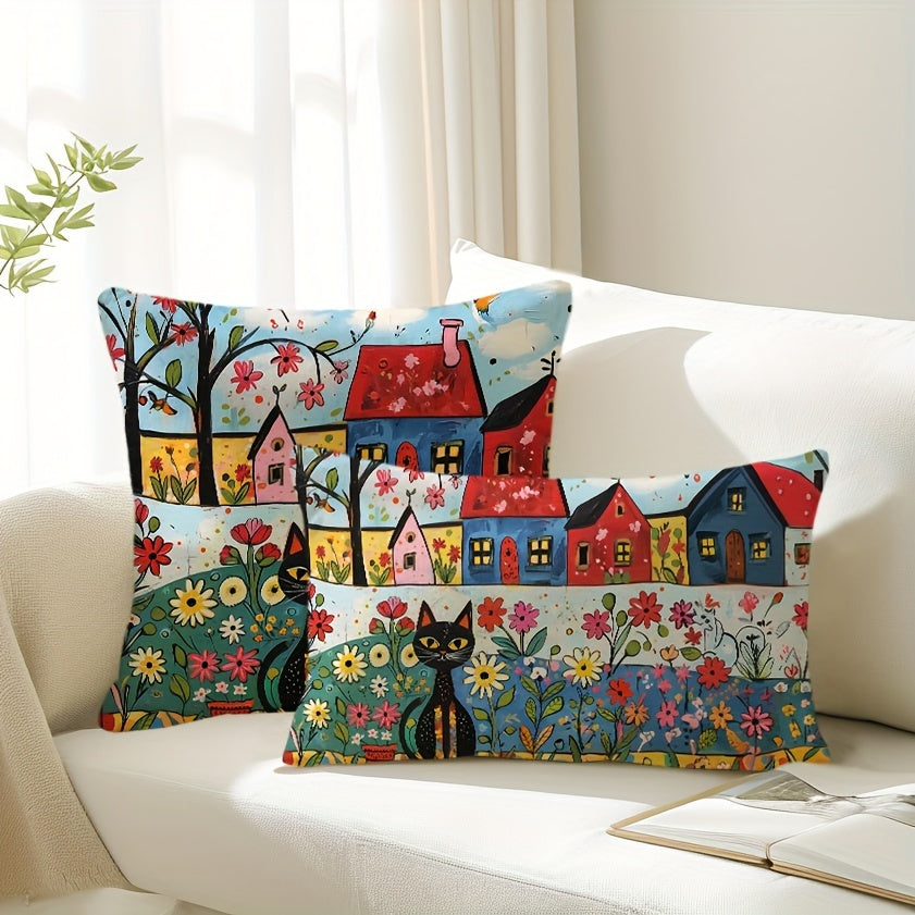 Black Cat Throw Pillow Cover Sun and Flowers Design 29.97x50.04cm or 44.96cm Square Farmhouse Decor