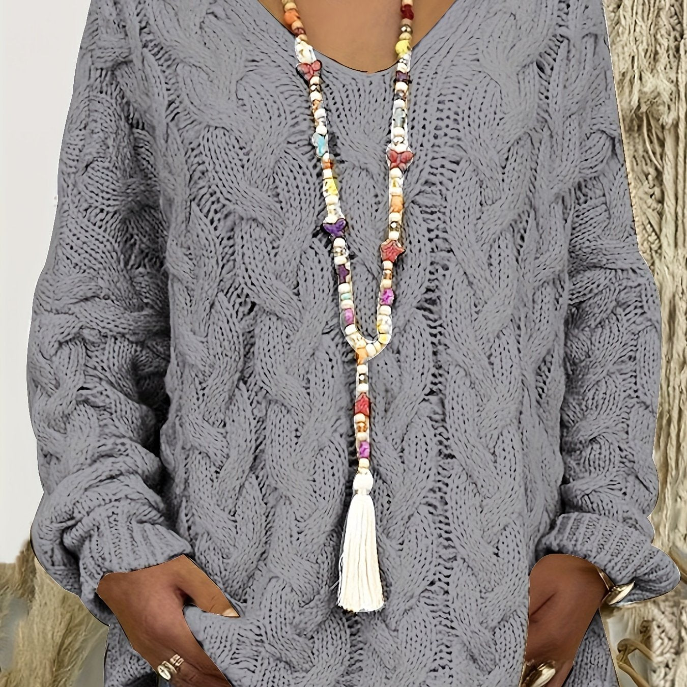 Женский вязаный свитер с капюшоном больших размеров, с длинными рукавами, V-образным вырезом, пуловер