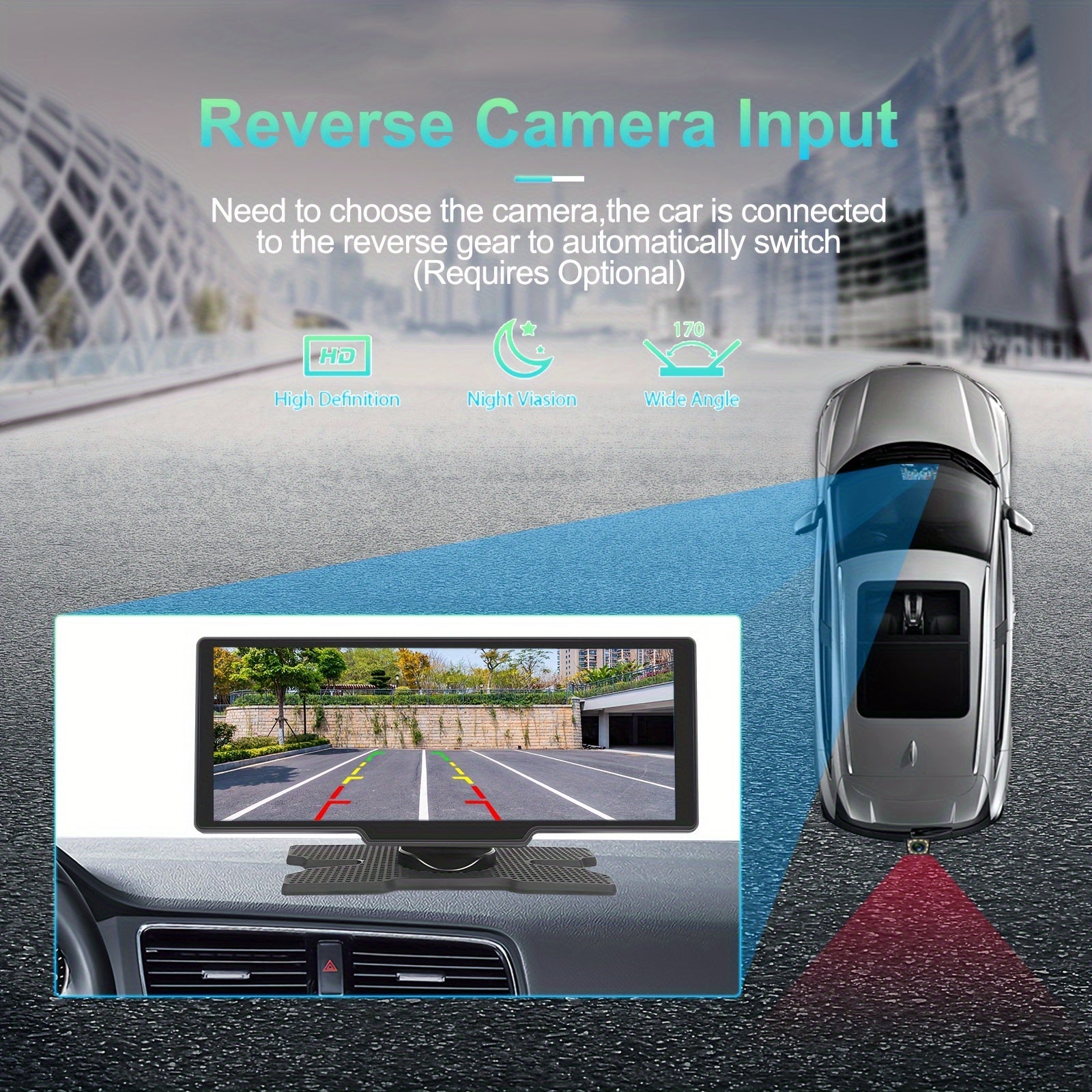 Monitor de coche portátil de 10.26 pulgadas con DVR y cámara trasera, compatible con Android Auto