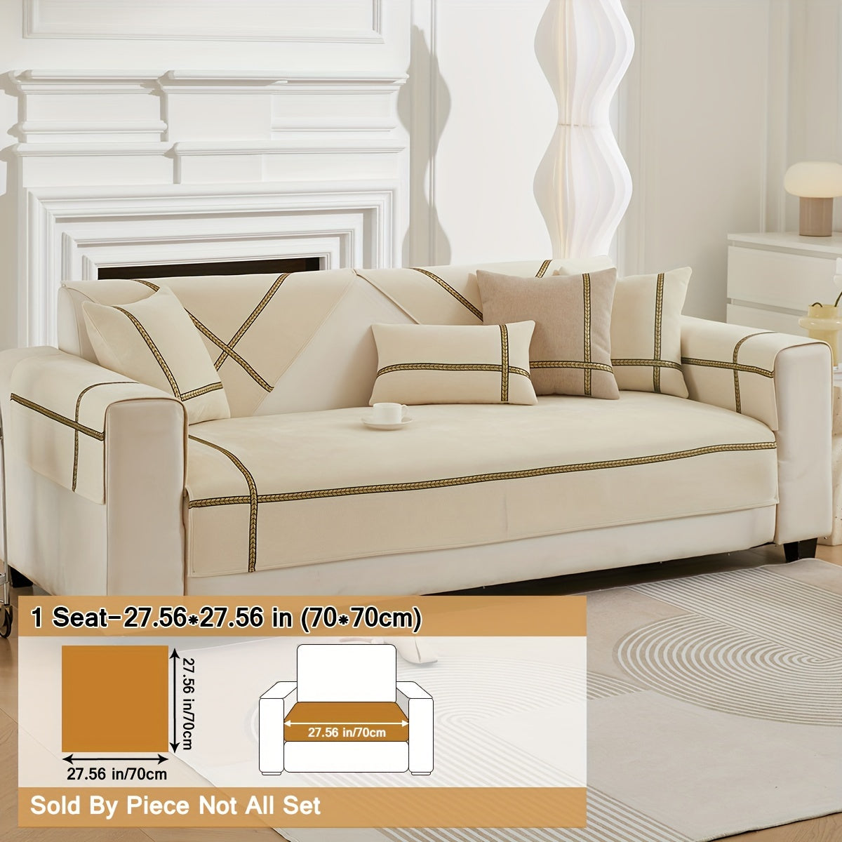 Серый чехол на диван из шенилля с золотой плетеной отделкой, противоскользящий, подходит для домашних животных, для 1-4 местных