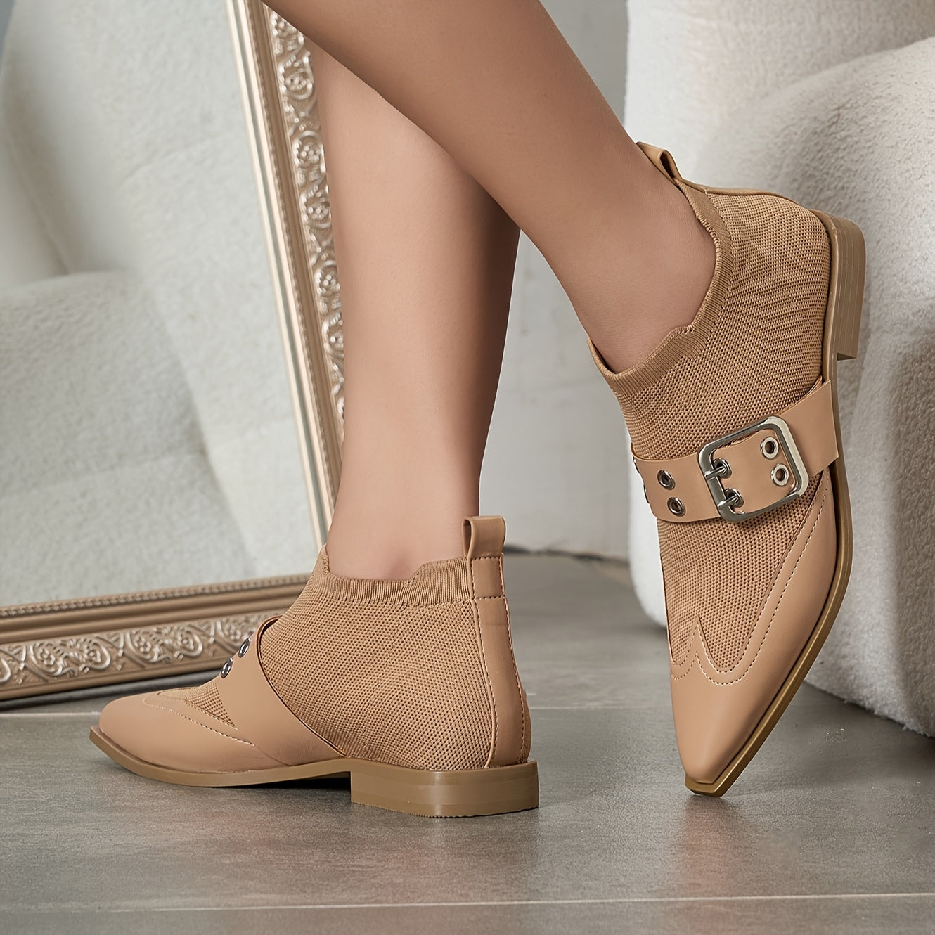 Women's Stretch Slip-On Ankle Booties with Buckle Flat Heel Pointed Toe