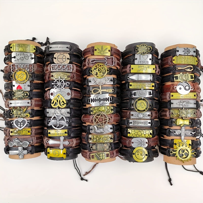 Set of 10 Vintage Leather and Metal Cuff Bracelets Unisex Retro Jewelry