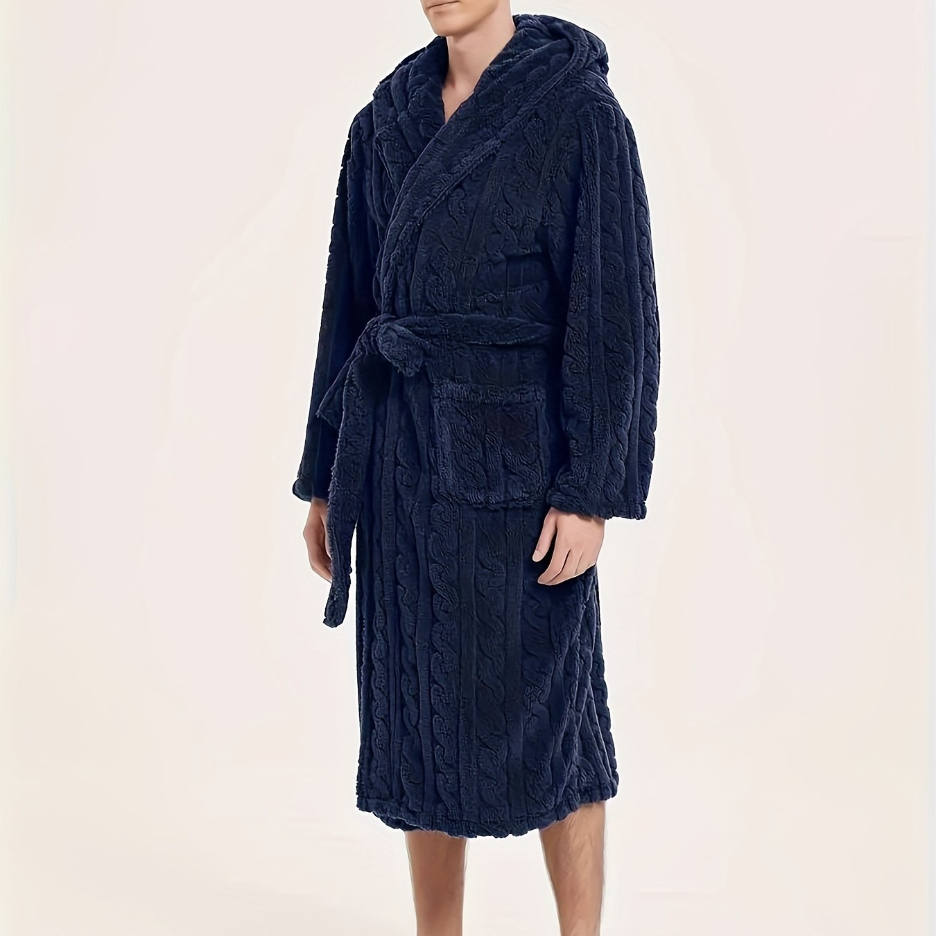Men's Fleece Hooded Robe with Belt for Home and Hotel Use Fall Winter Casual